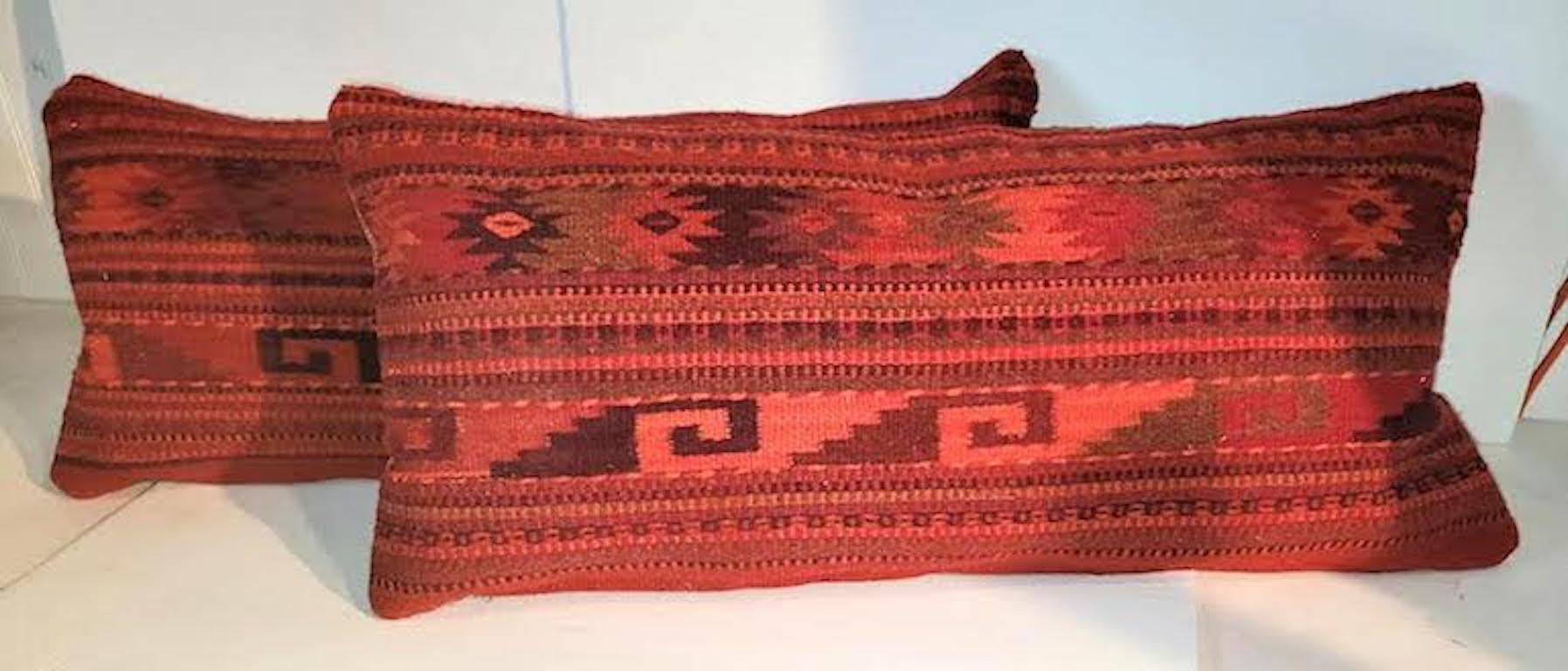Pair of Custom Made Red Mexican Indian Weaving Pillows. Zippered casing. Featherand Down Insert.