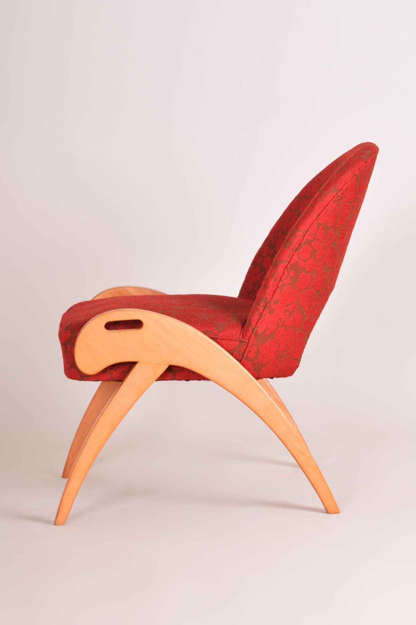 Fabric Red Mid Century Armchair, Made in 1950s Czechia, Beech, Original Condition For Sale