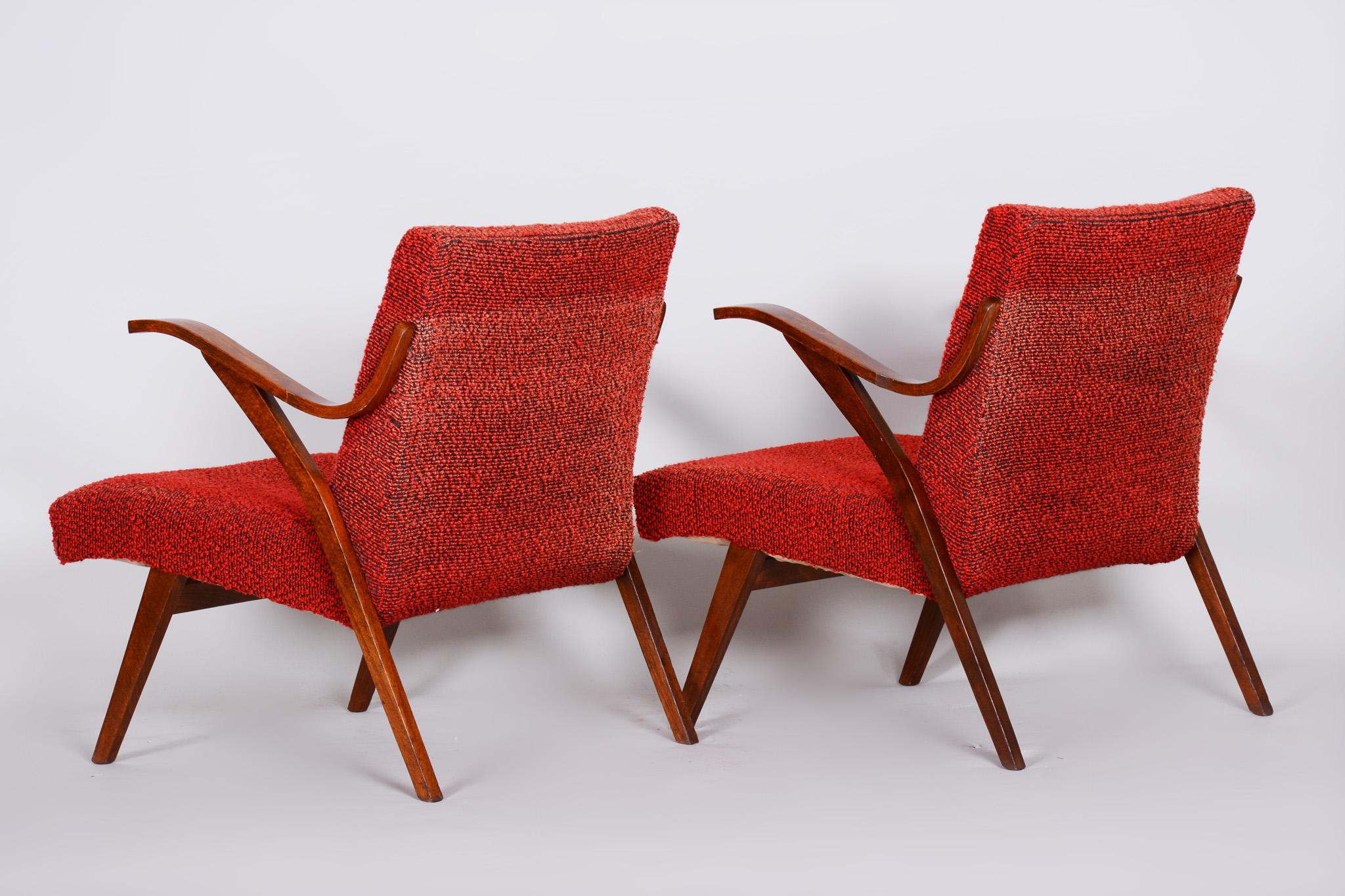 Red Mid Century Armchairs, Made in 1960s Czechia. Original Condition, Beech For Sale 5