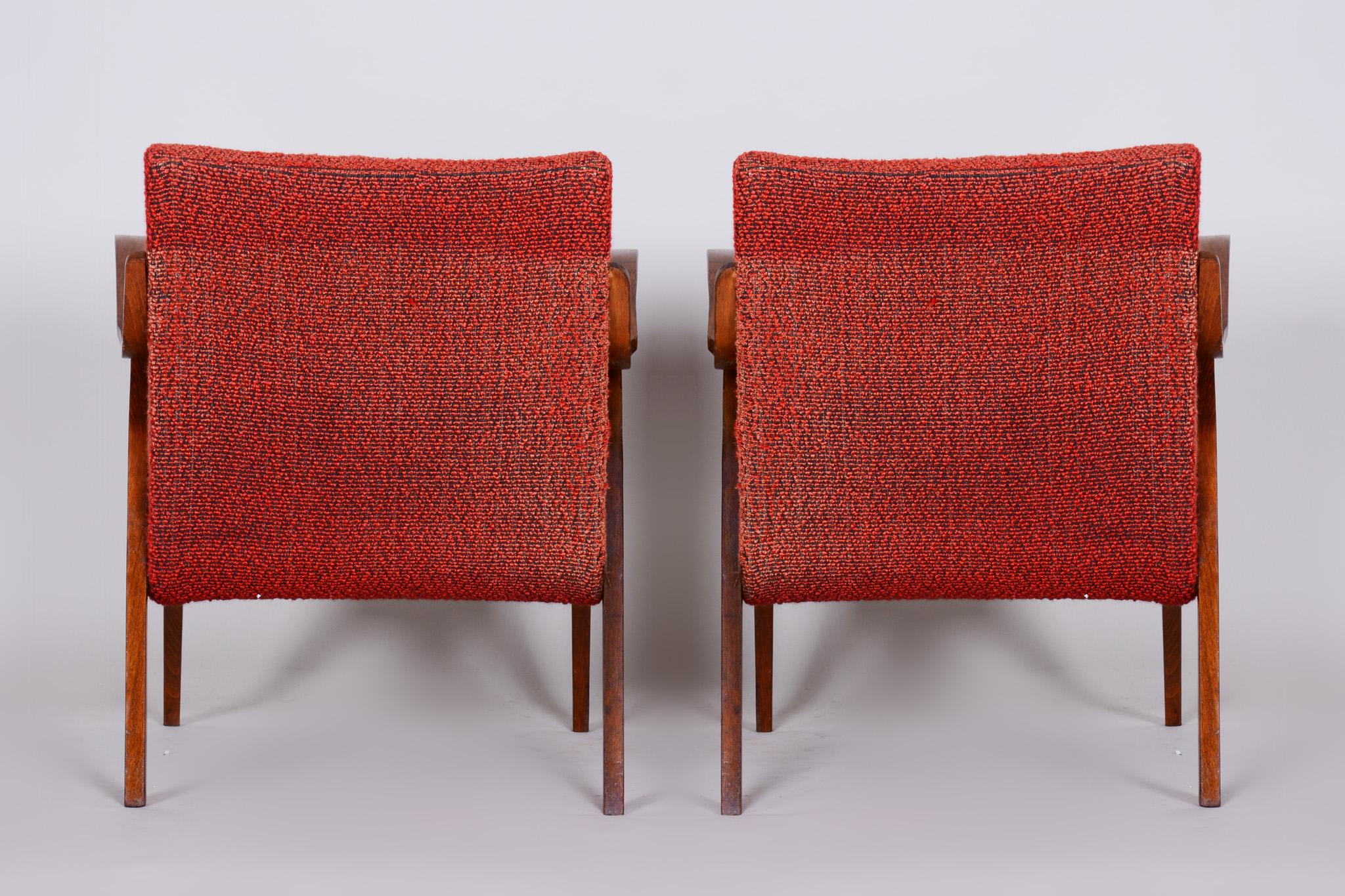 Red Mid Century Armchairs, Made in 1960s Czechia. Original Condition, Beech For Sale 6