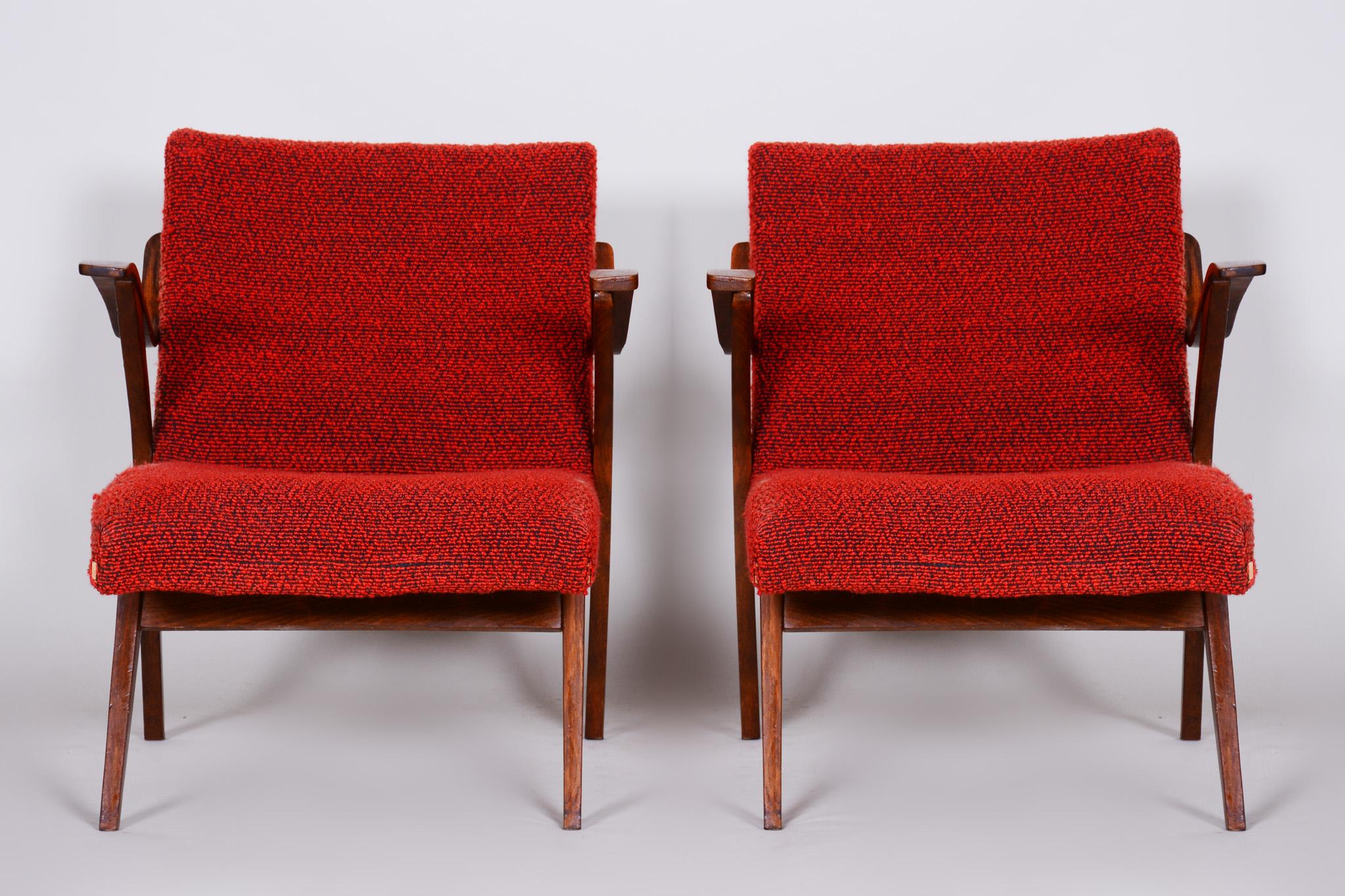 Mid-Century Modern Red Mid Century Armchairs, Made in 1960s Czechia. Original Condition, Beech For Sale
