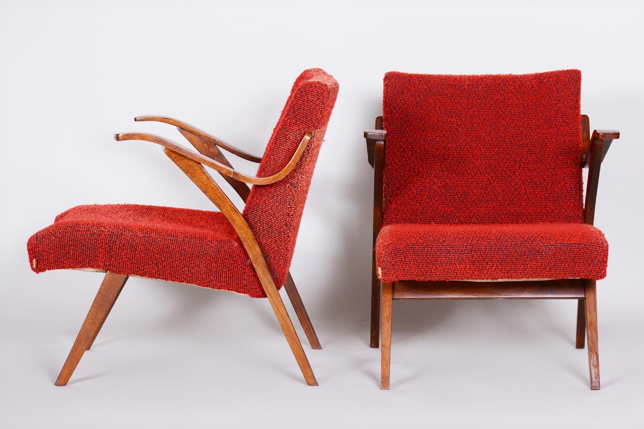 Red Mid Century Armchairs, Made in 1960s Czechia. Original Condition, Beech In Good Condition For Sale In Horomerice, CZ