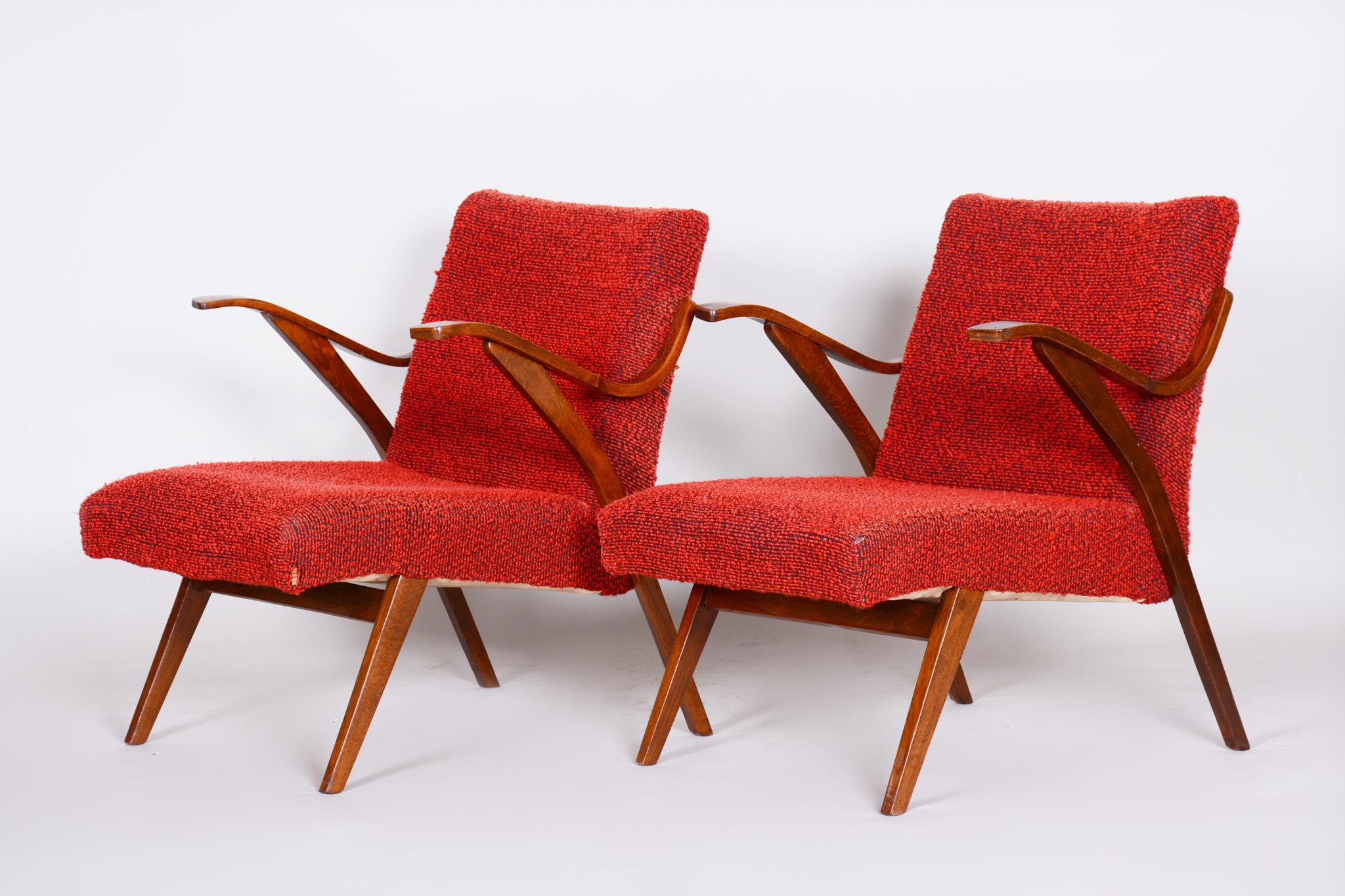 20th Century Red Mid Century Armchairs, Made in 1960s Czechia. Original Condition, Beech For Sale
