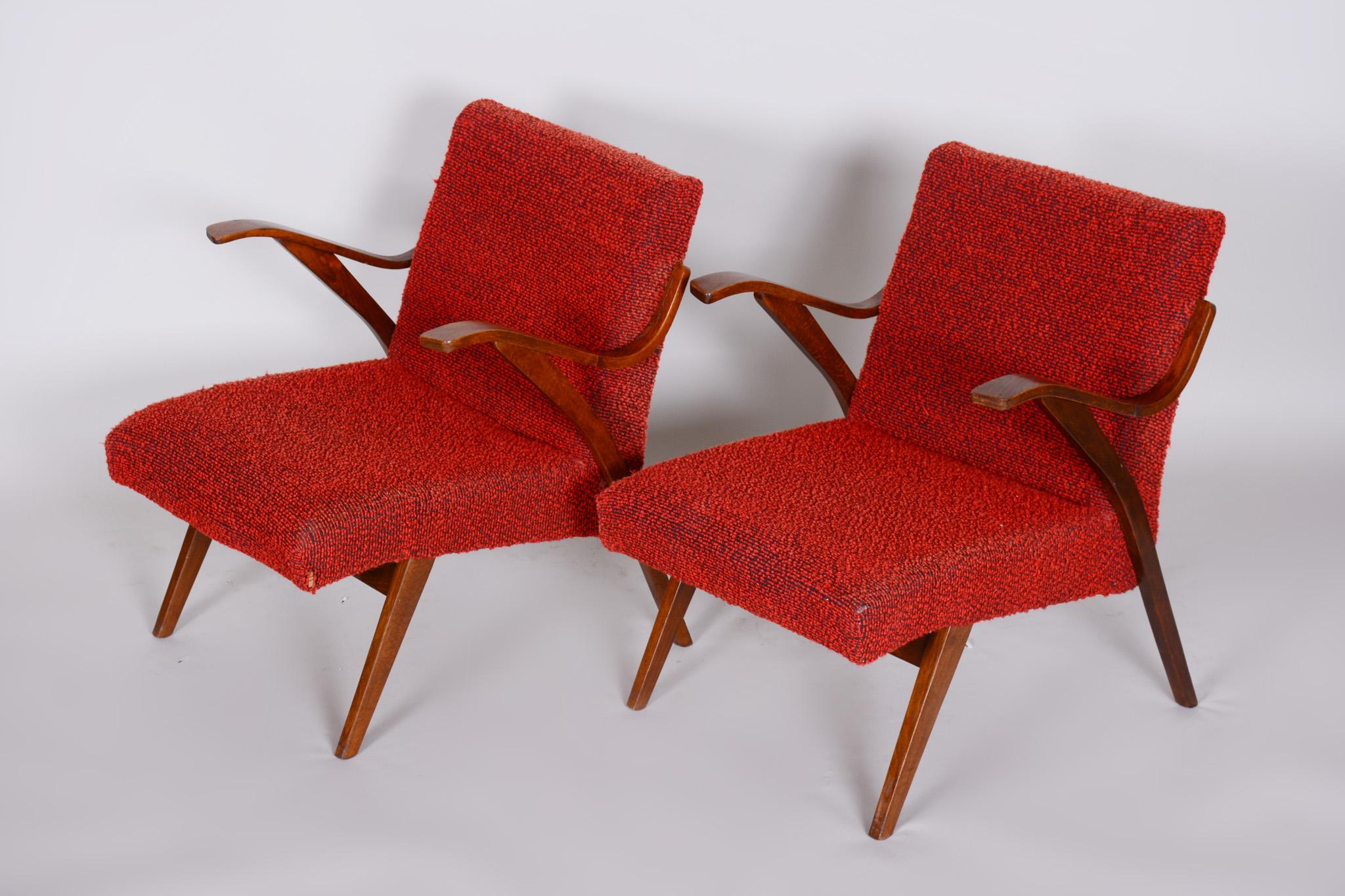Red Mid Century Armchairs, Made in 1960s Czechia. Original Condition, Beech For Sale 1
