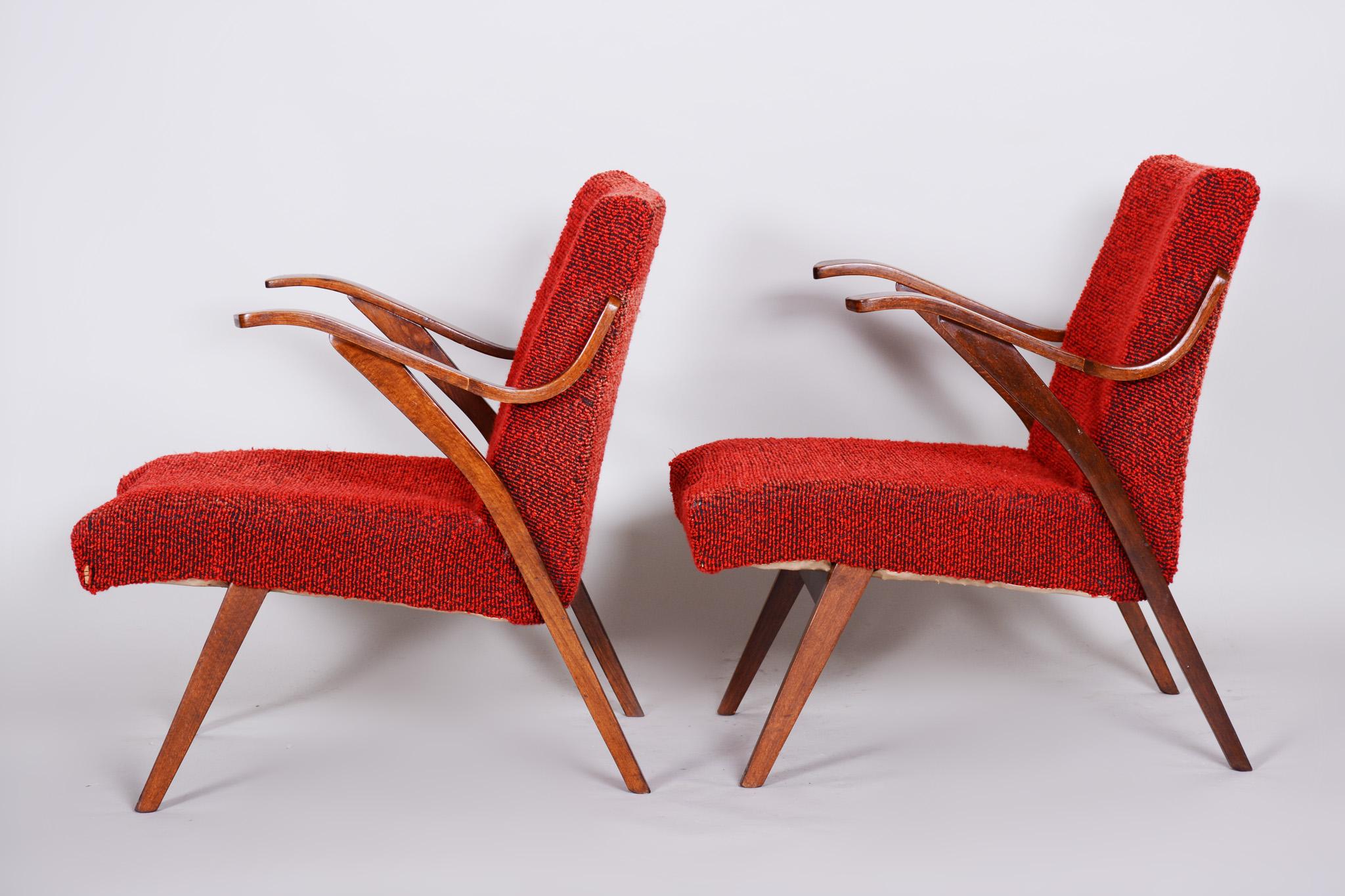 Red Mid Century Armchairs, Made in 1960s Czechia. Original Condition, Beech For Sale 4