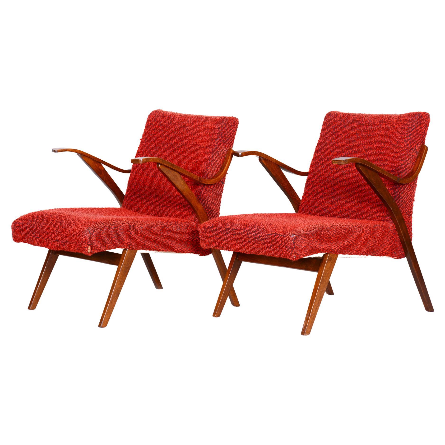 Red Mid Century Armchairs, Made in 1960s Czechia. Original Condition, Beech For Sale