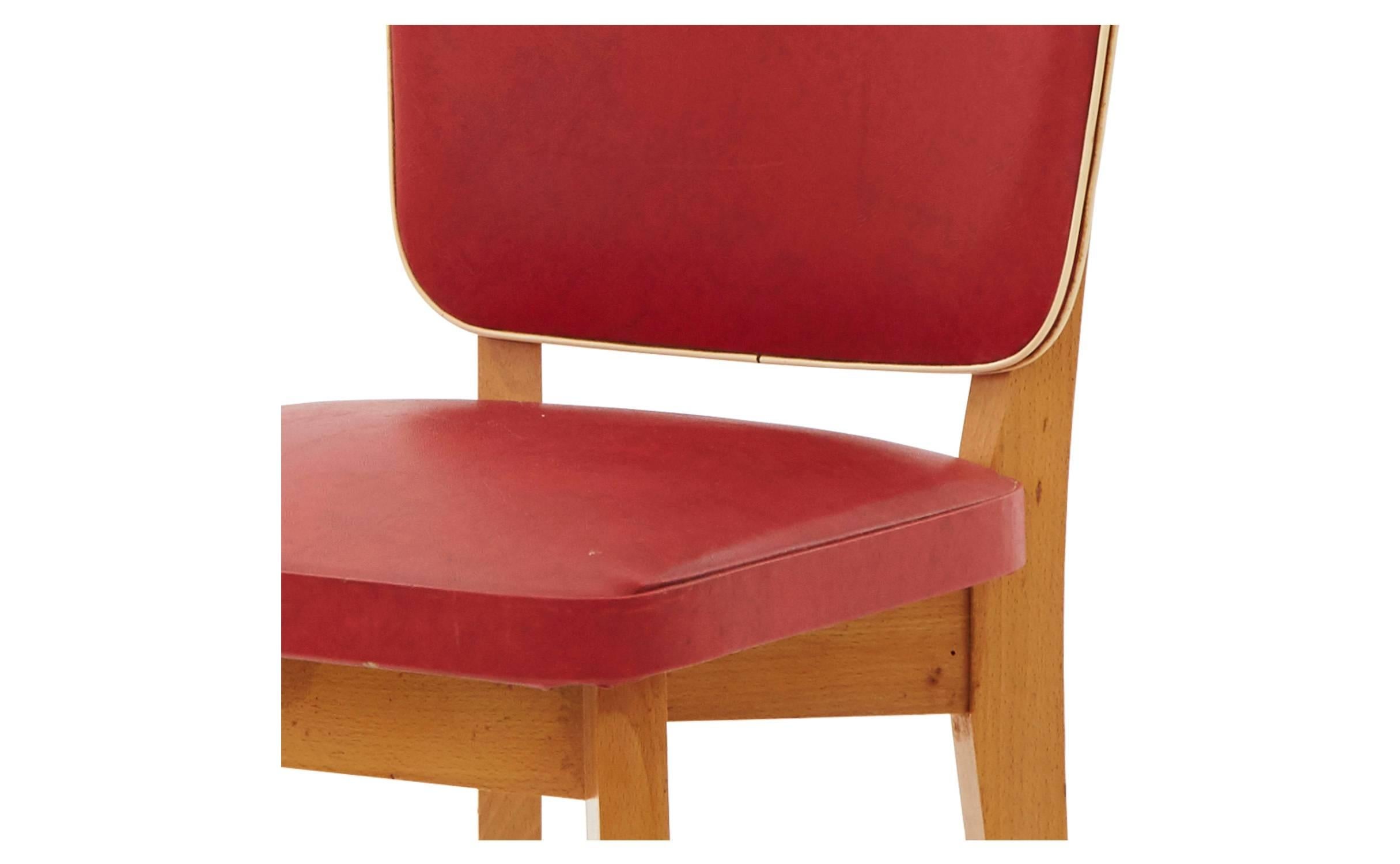 •Wooden frame with original red vinyl upholstery
•Mid-20th century
•From Spain

Dimensions
•overall: 15.5' D x 16' W x 35' H 
•seat height:18.5' H.