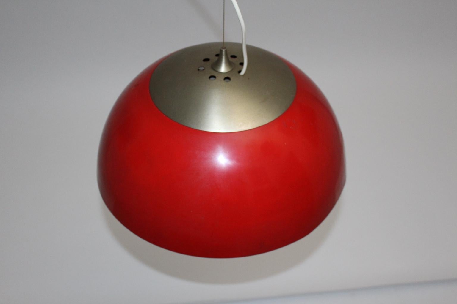Lacquered Red Mid-Century Modern Vintage Metal Chandelier in Style of Verner Panton, 1970