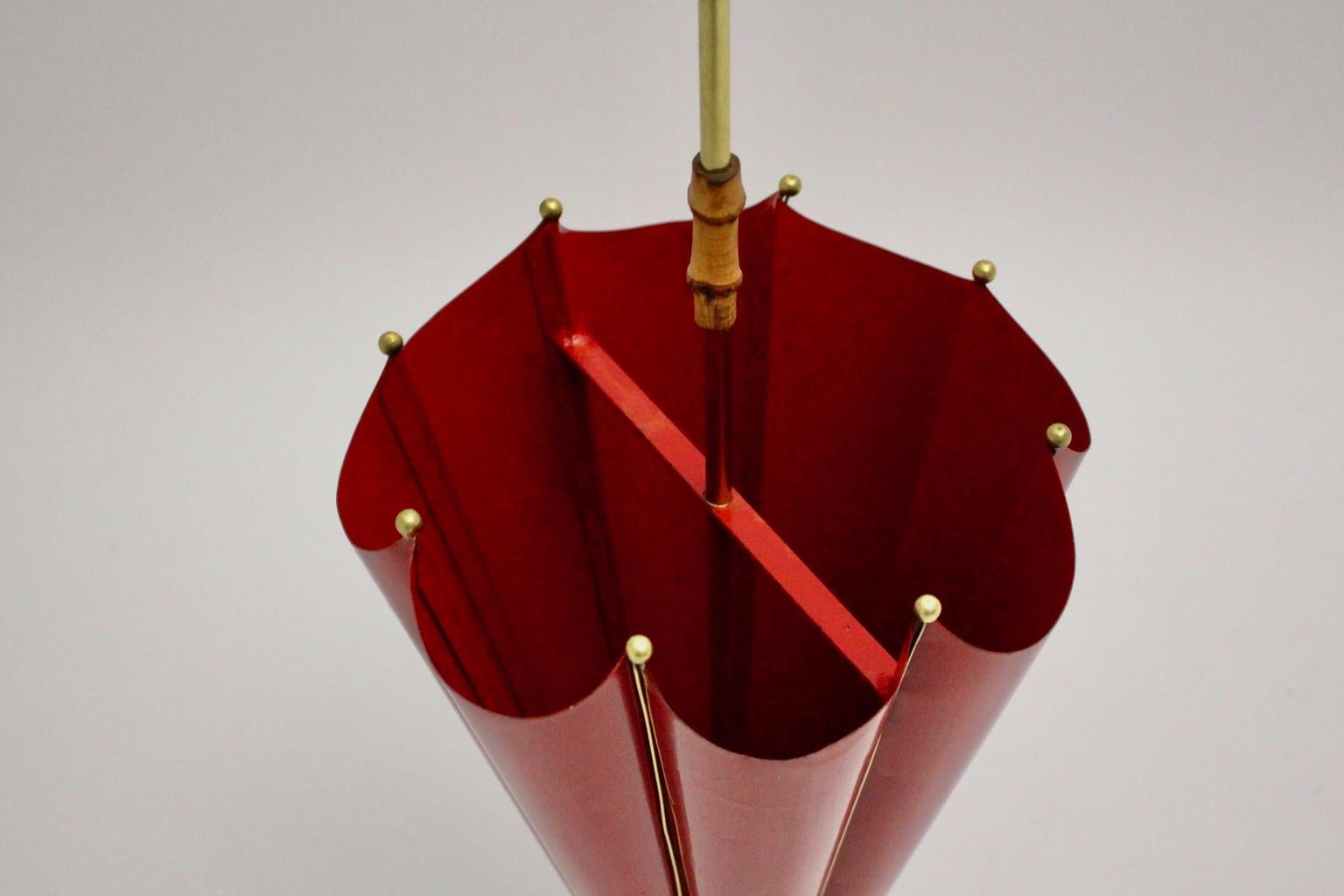 Brass Red Mid-Century Modern Vintage Metal Umbrella Stand, 1950s, Italy