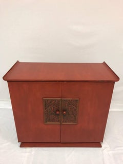 Red Midcentury Chinoiserie Bar Cabinet