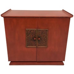 Used Red Midcentury Chinoiserie Bar Cabinet