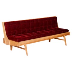 Red Mid-Century Modern Oak Sofa, 1950s, Original Well Preserved Upholstery