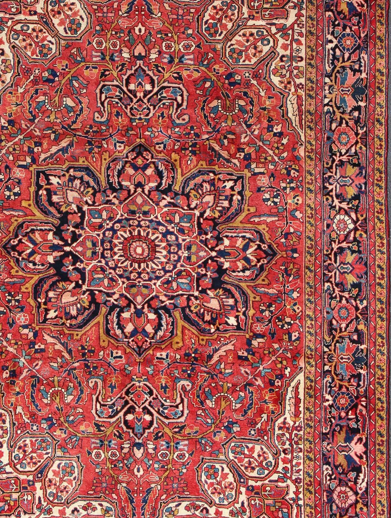 Hand-Knotted Large Heriz Semi Antique Persian Rug with Stylized Medallion Design