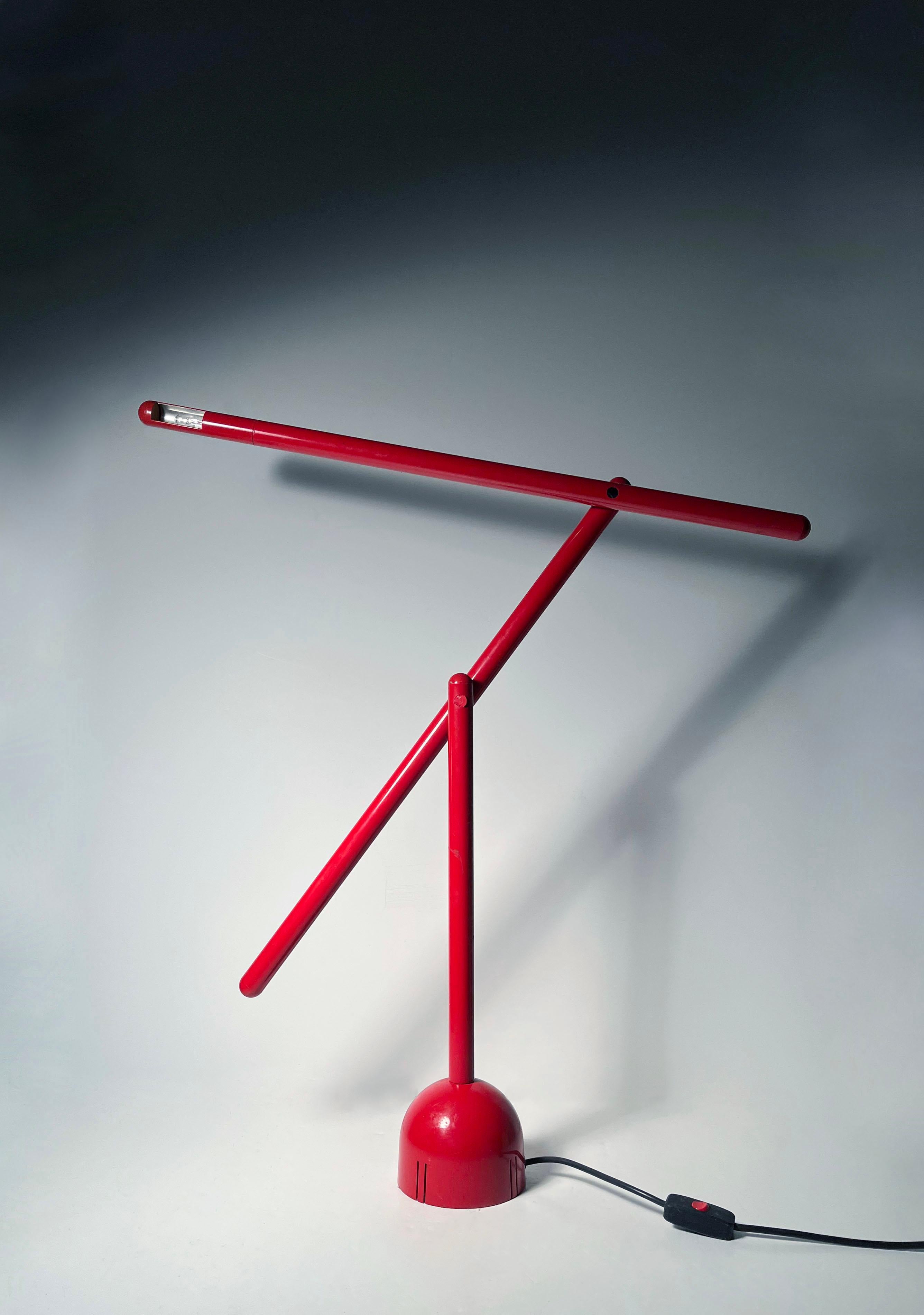 Red Mira Table Lamp by Mario Arnaboldi for Programmaluce Italy.

Period 1980s lamp. Shows some wear to the red finish. The black plug inserts are damaged or missing. The little revolving shade seems stiff at the moment. Will look into seeing if I