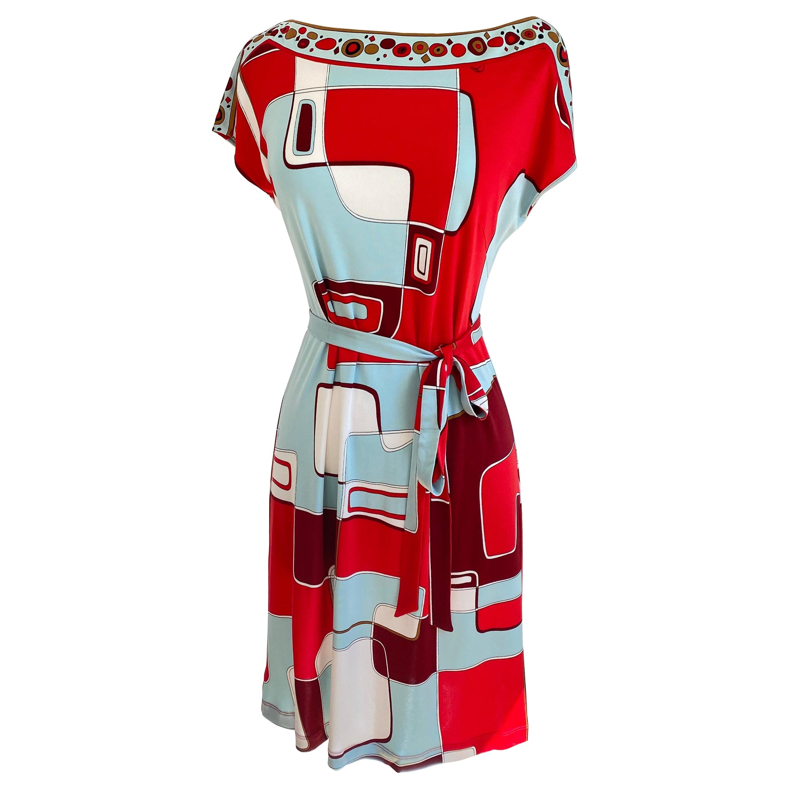 Red Aqua mix print silk jersey shift dress NWT Flora Kung For Sale