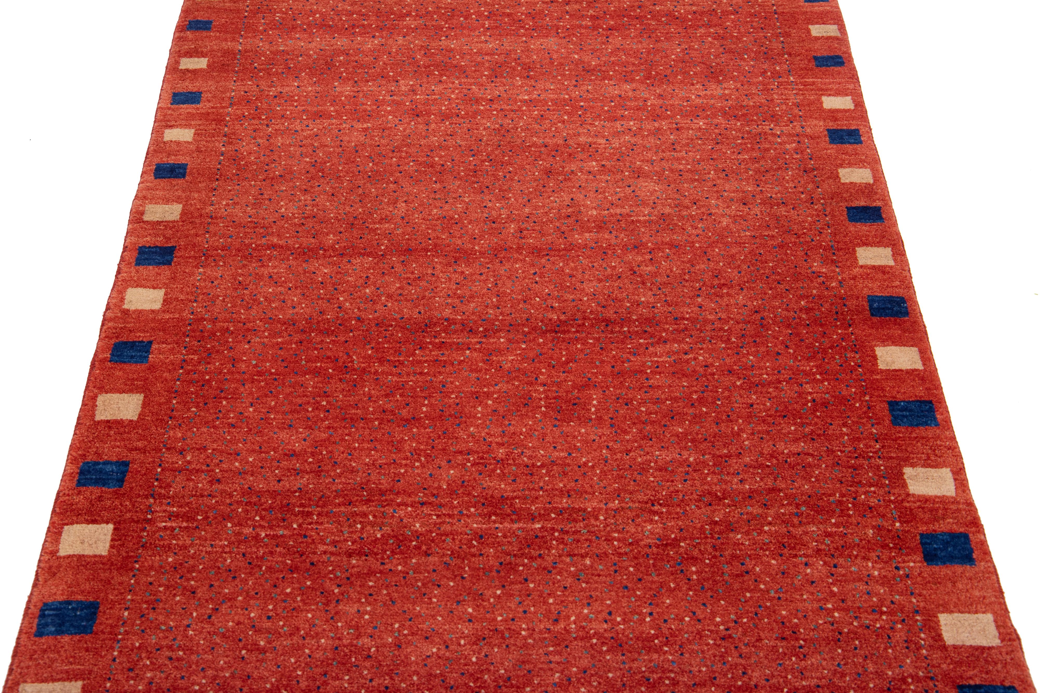 Minimalist Red Modern Gabbeh Handmade Persian Wool Rug with Allover Design For Sale