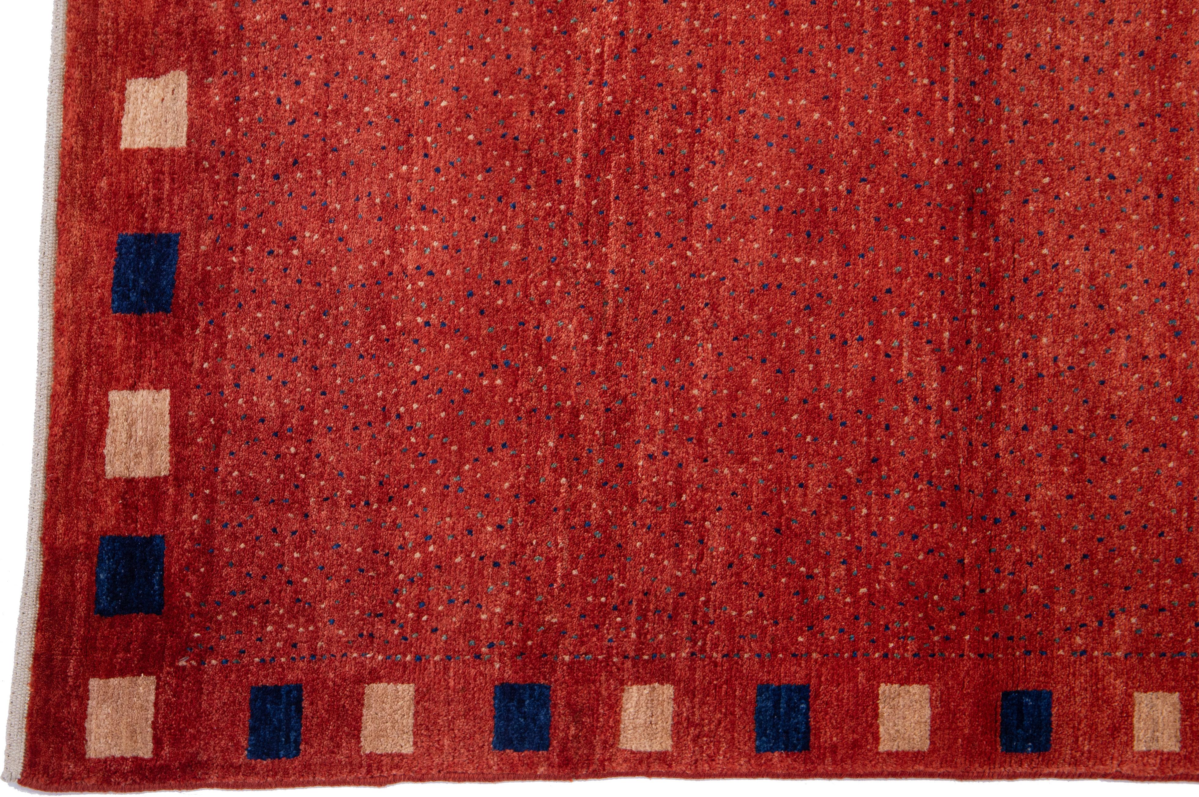 Hand-Knotted Red Modern Gabbeh Handmade Persian Wool Rug with Allover Design For Sale