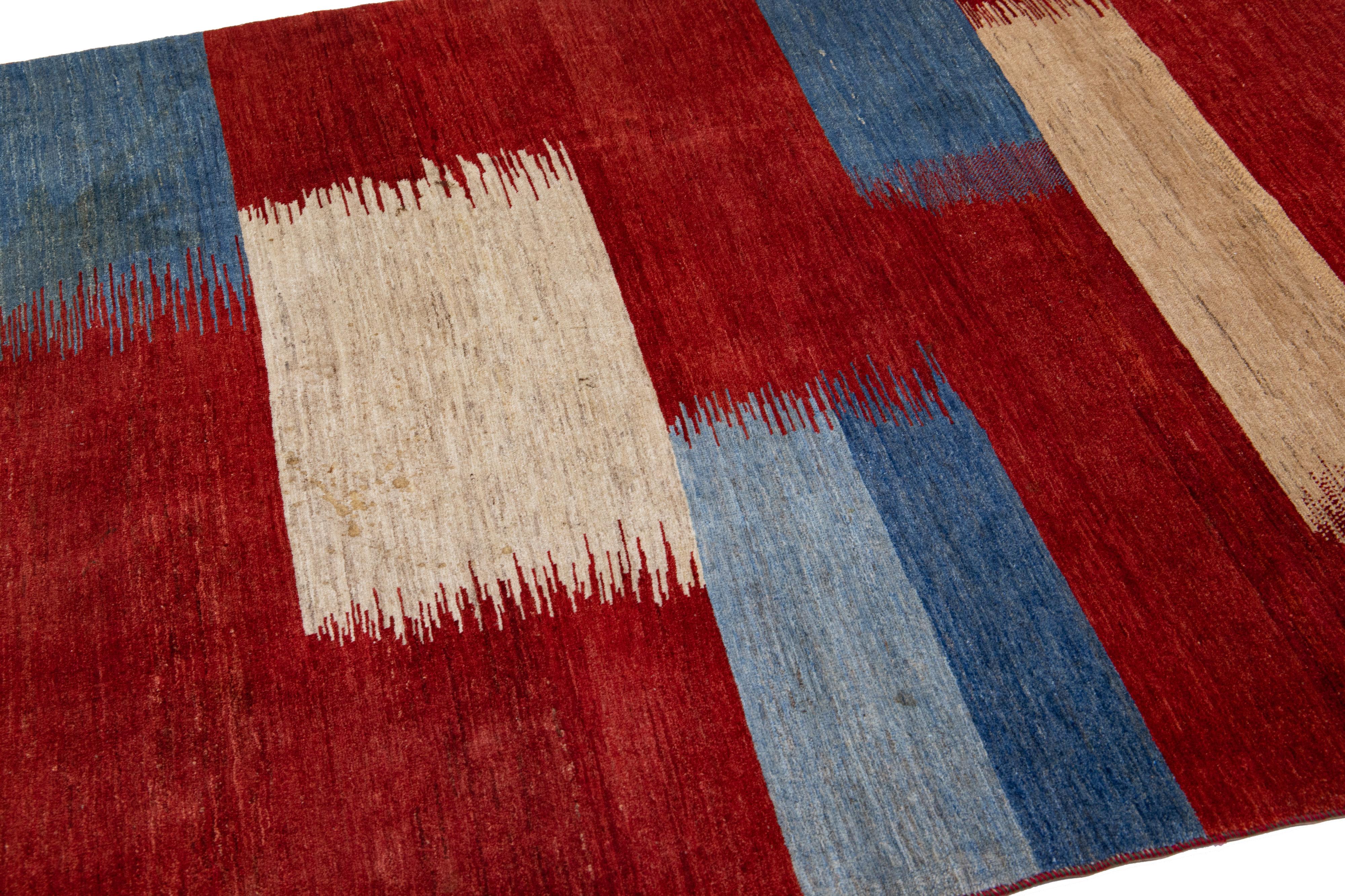 Hand-Woven Red Modern Handmade Shouli Gabbeh Persian Wool Rug With Abstract Motif For Sale