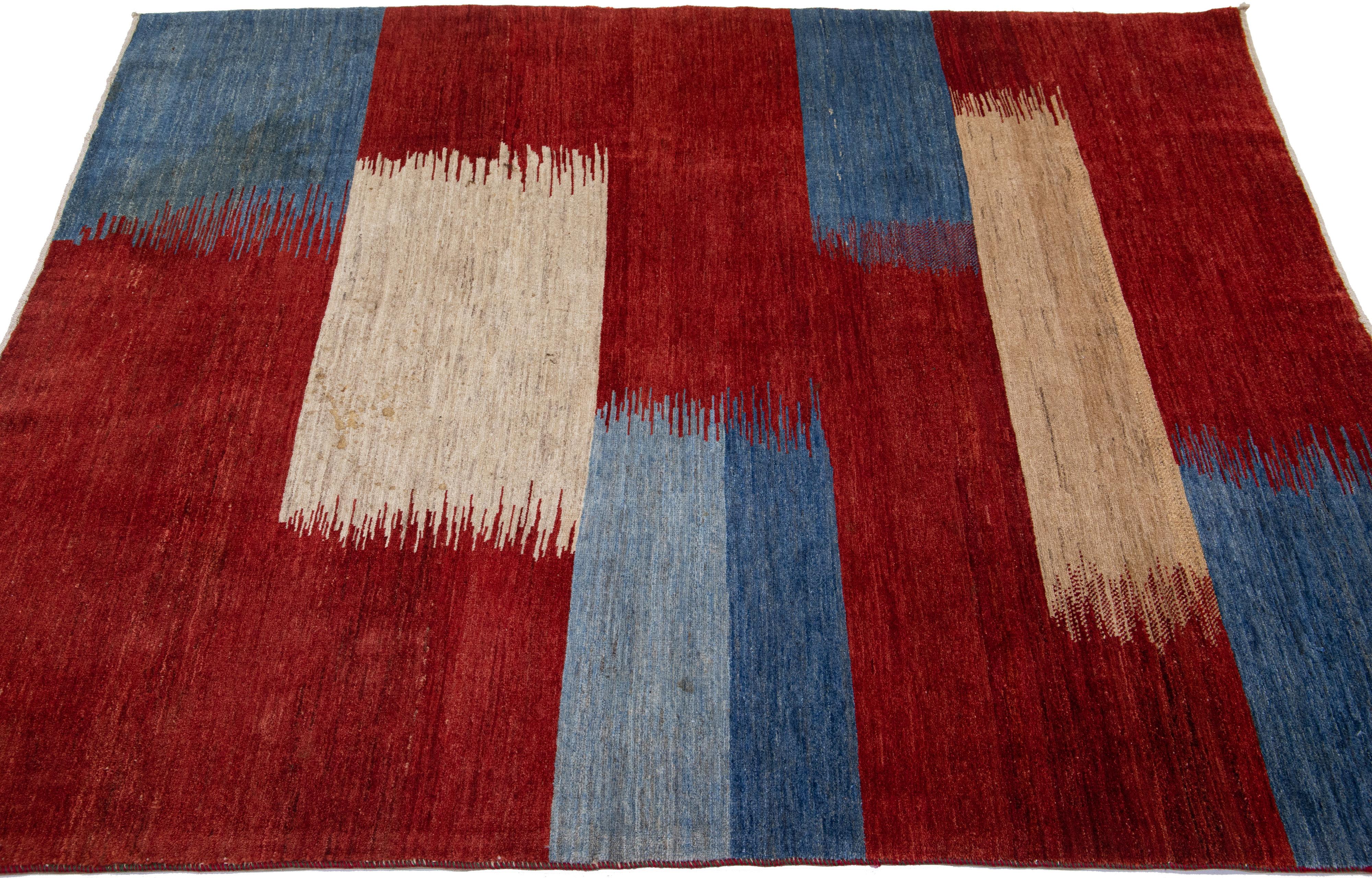 Contemporary Red Modern Handmade Shouli Gabbeh Persian Wool Rug With Abstract Motif For Sale