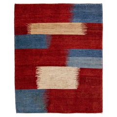 Tappeto rosso moderno fatto a mano in lana persiana Shouli Gabbeh con motivo astratto