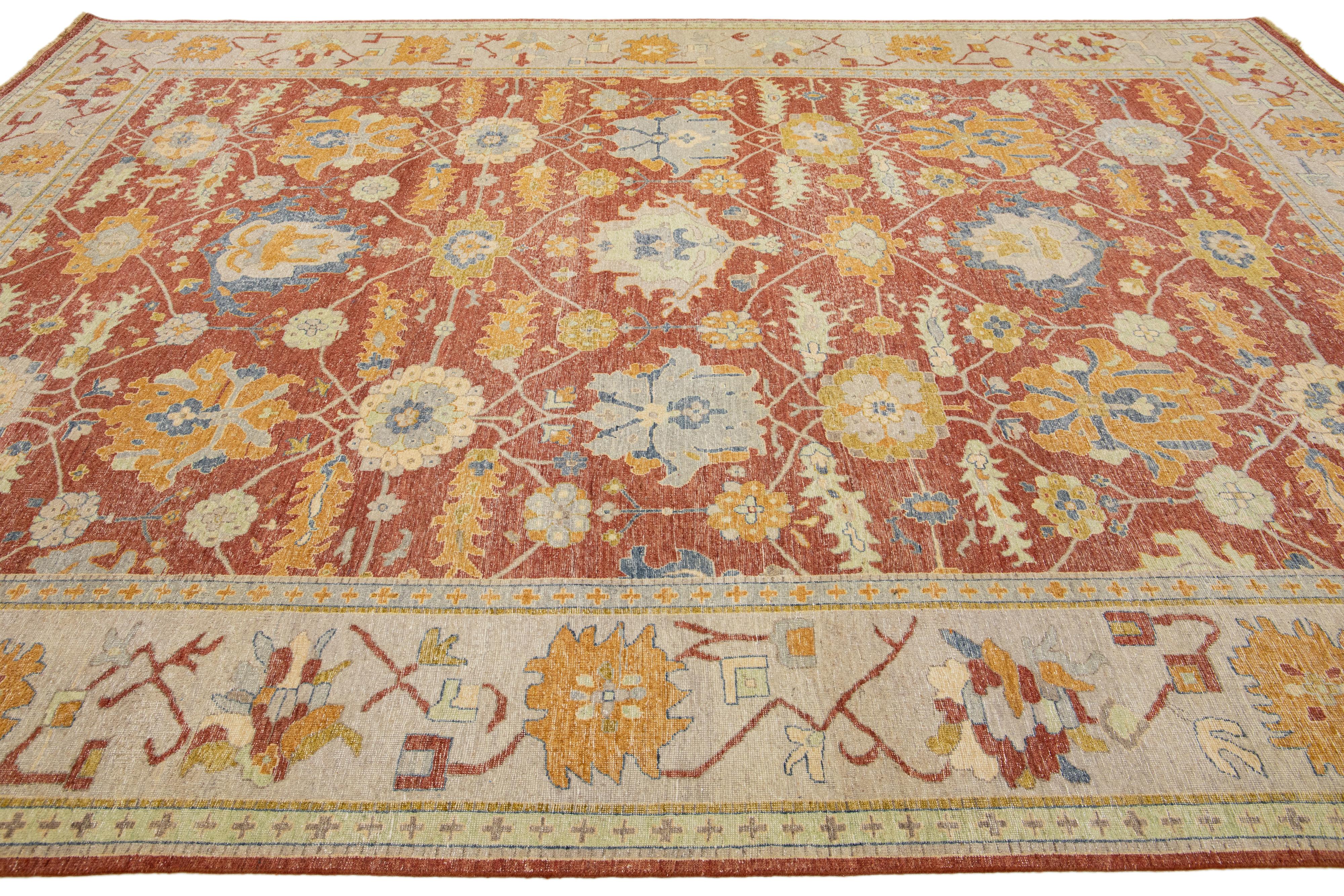 Red Modern Indian Tabriz Handmade Floral Wool Rug by Apadana In New Condition For Sale In Norwalk, CT