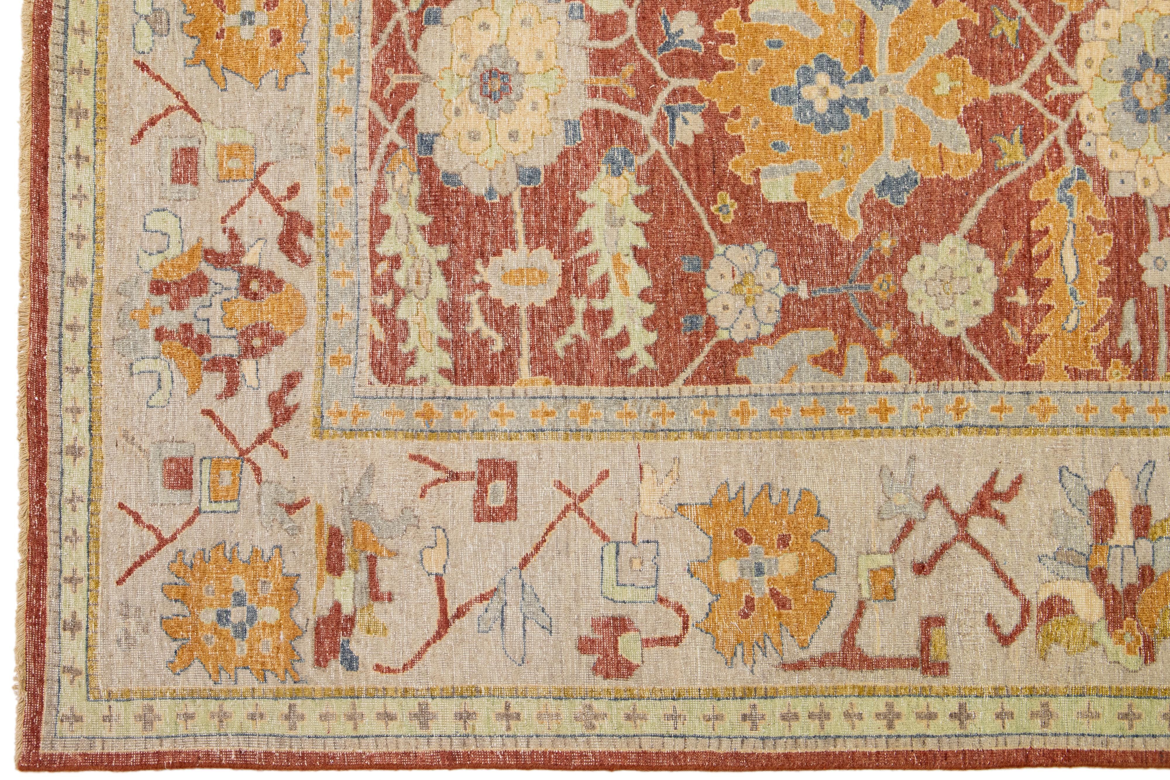 Contemporary Red Modern Indian Tabriz Handmade Floral Wool Rug by Apadana For Sale