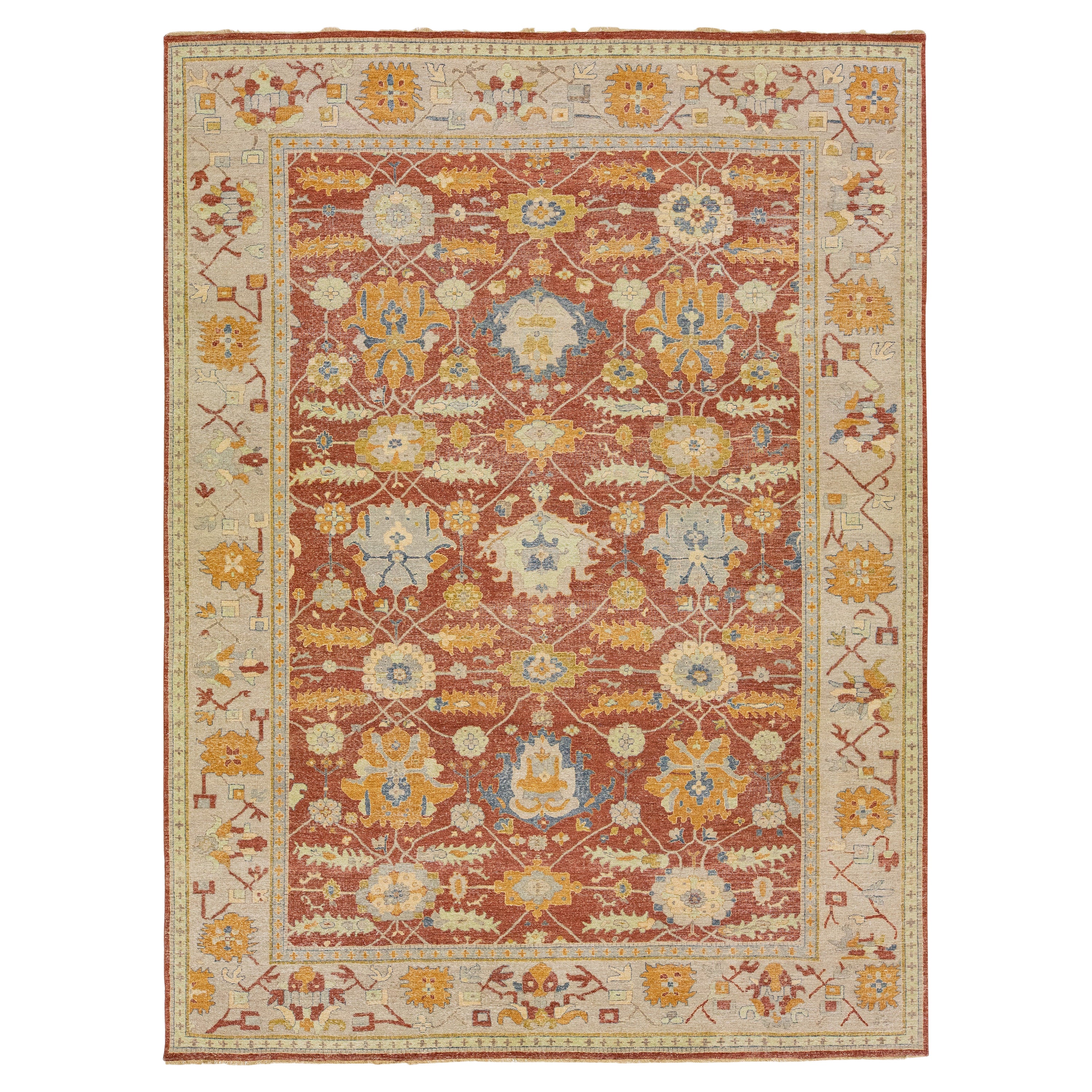 Tapis Tabriz moderne indien rouge en laine à motifs floraux fait à la main par Apadana