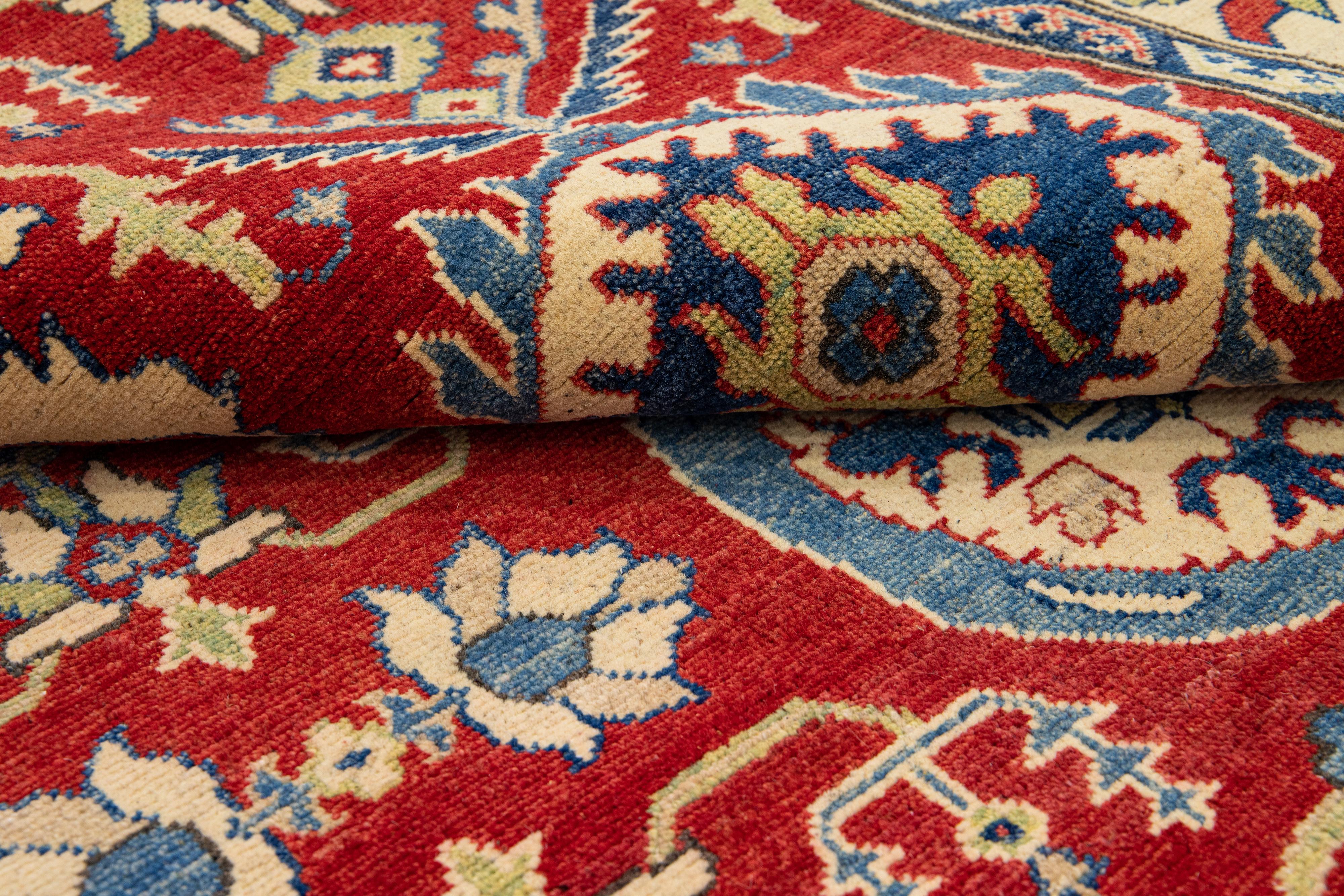 Red Modern Kazak Handmade Allover Designed Long Wool Rug For Sale 4