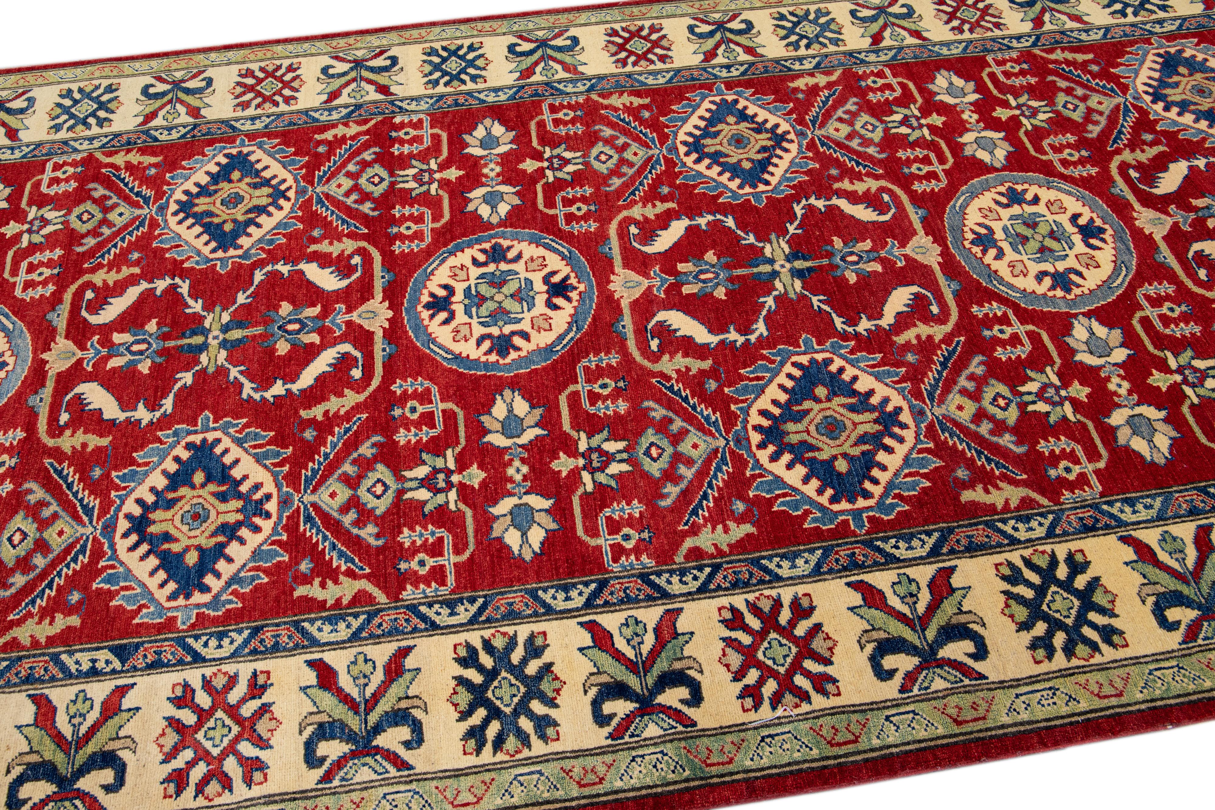 Red Modern Kazak Handmade Allover Designed Long Wool Rug For Sale 5