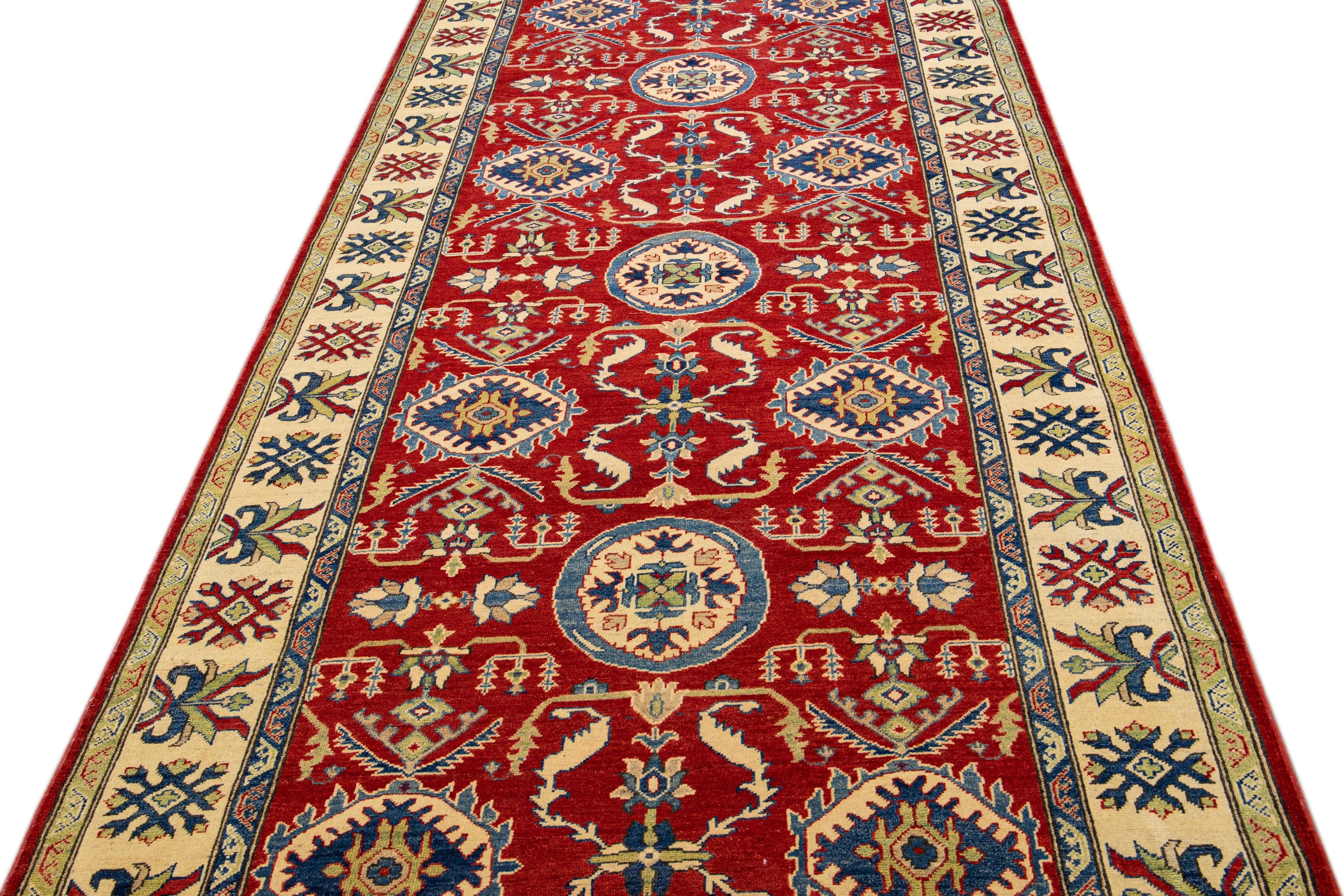 Indian Red Modern Kazak Handmade Allover Designed Long Wool Rug For Sale