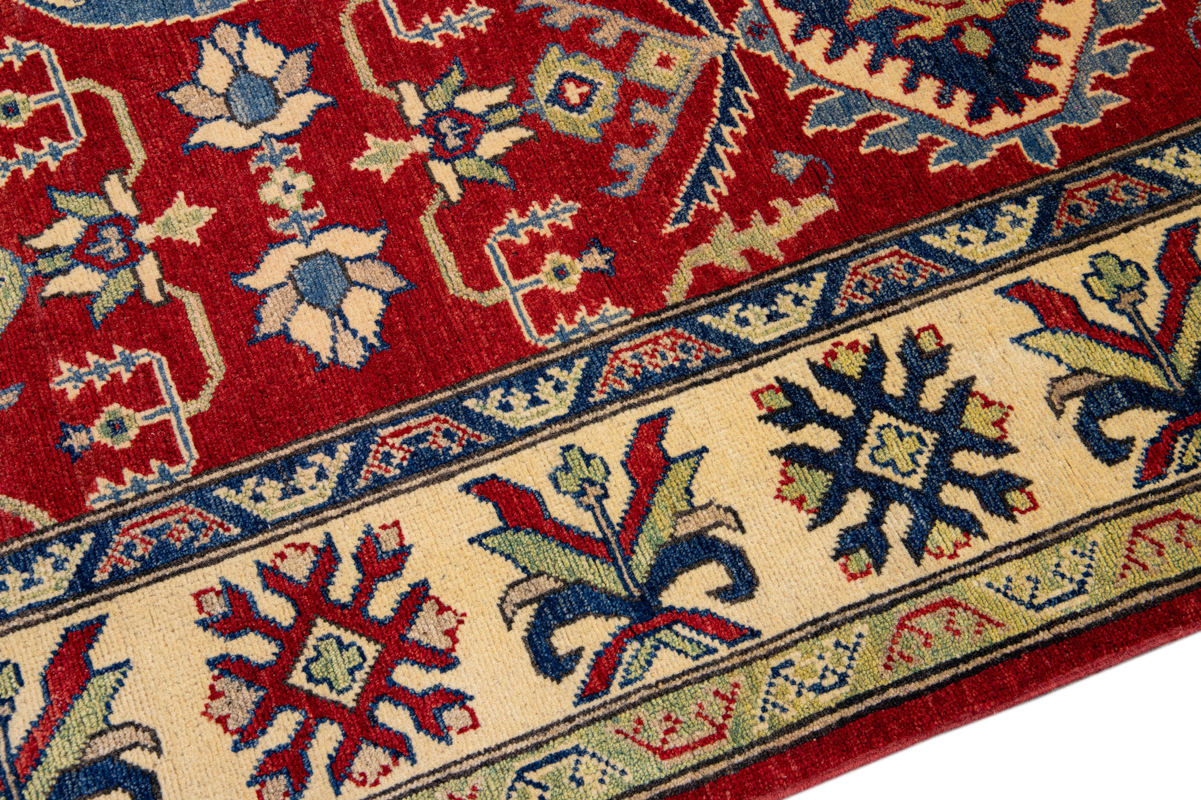 Contemporary Red Modern Kazak Handmade Allover Designed Long Wool Rug For Sale