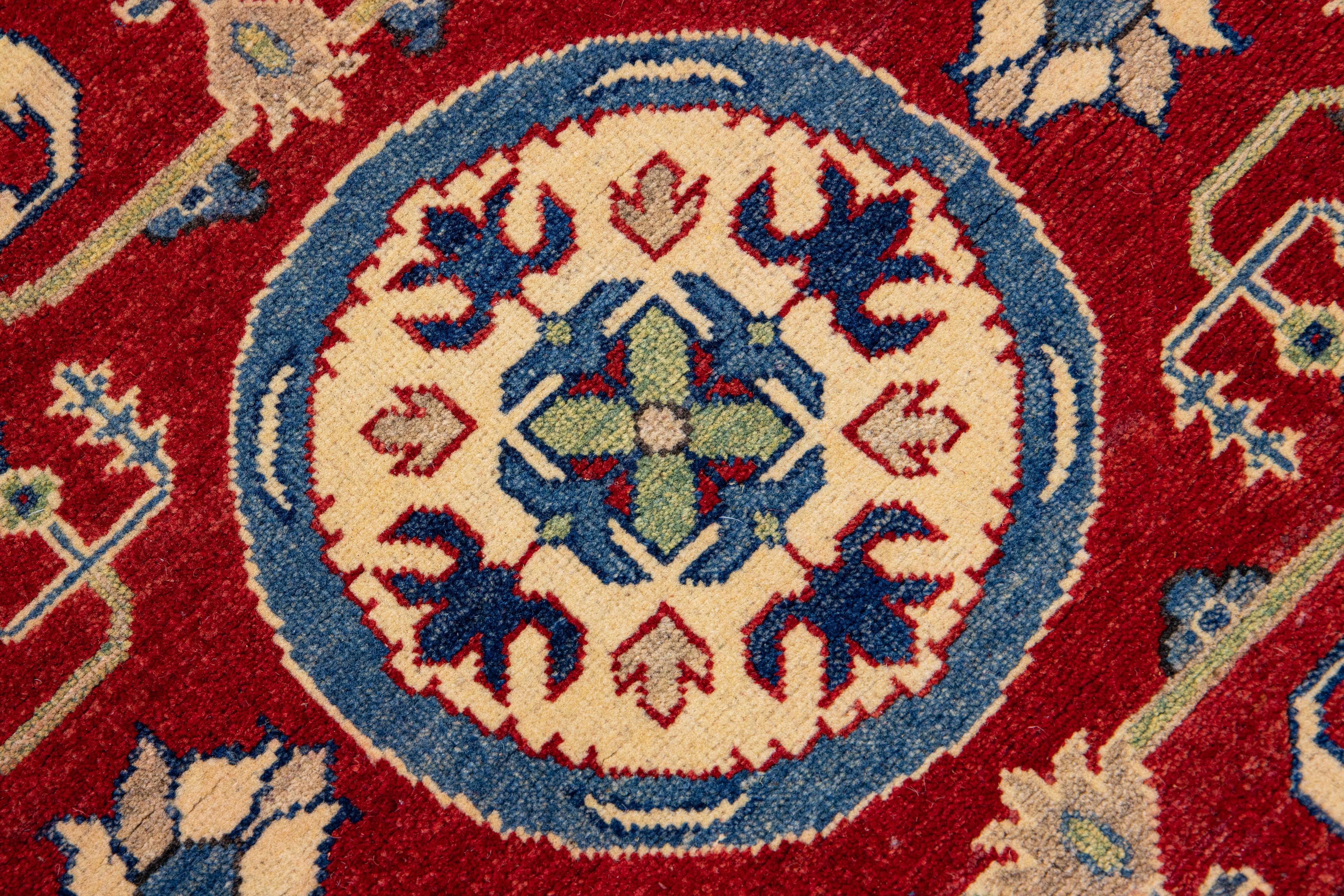 Red Modern Kazak Handmade Allover Designed Long Wool Rug For Sale 1