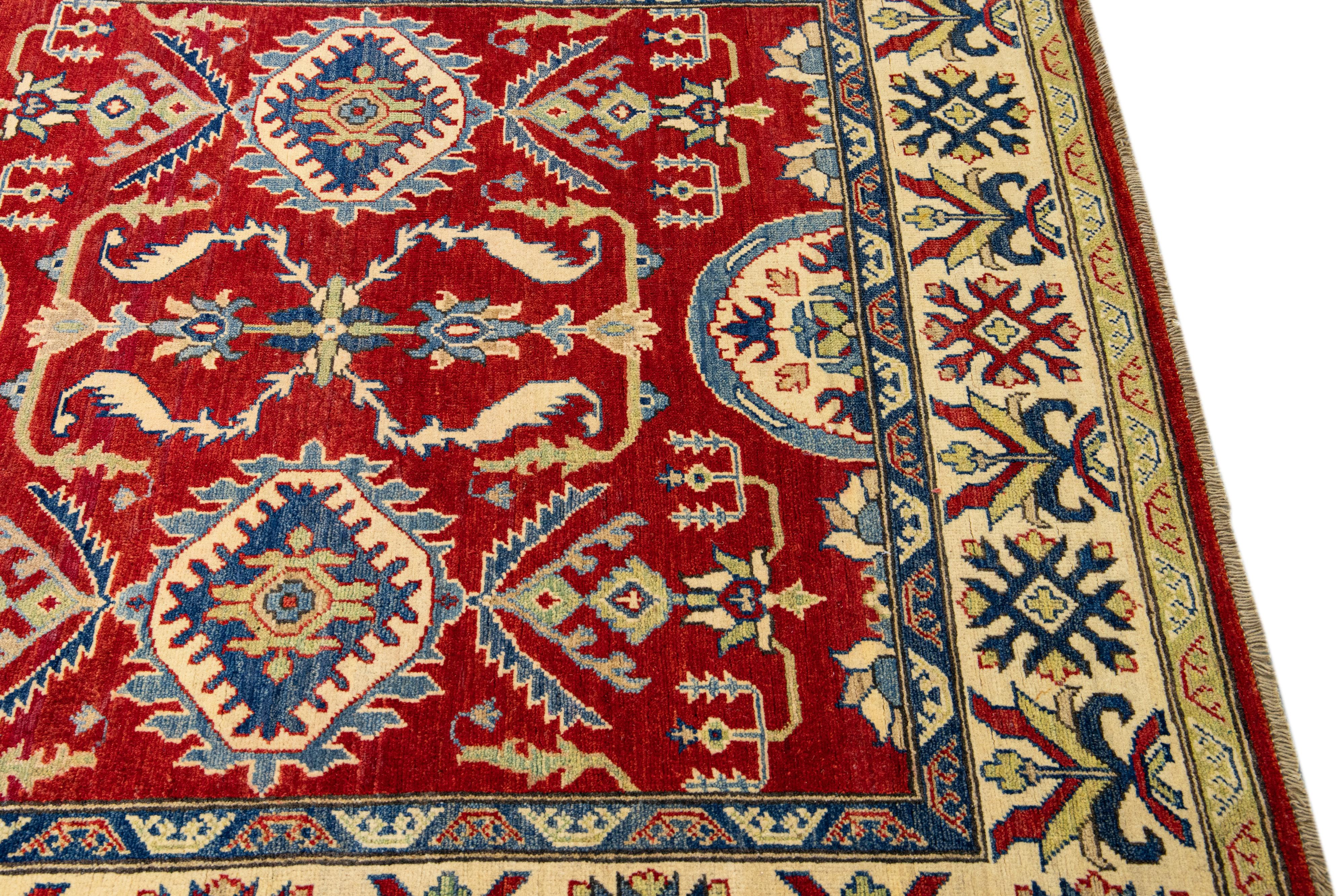Red Modern Kazak Handmade Allover Designed Long Wool Rug For Sale 2