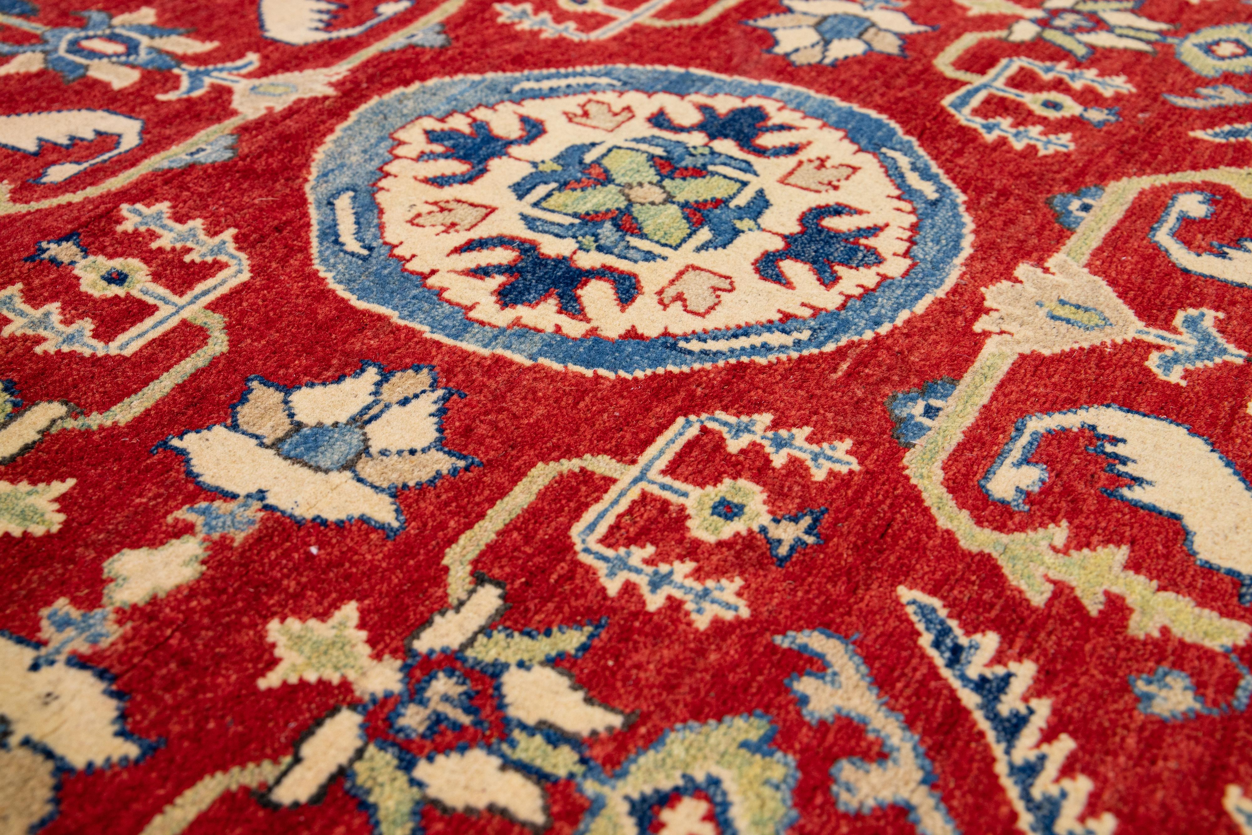 Red Modern Kazak Handmade Allover Designed Long Wool Rug For Sale 3