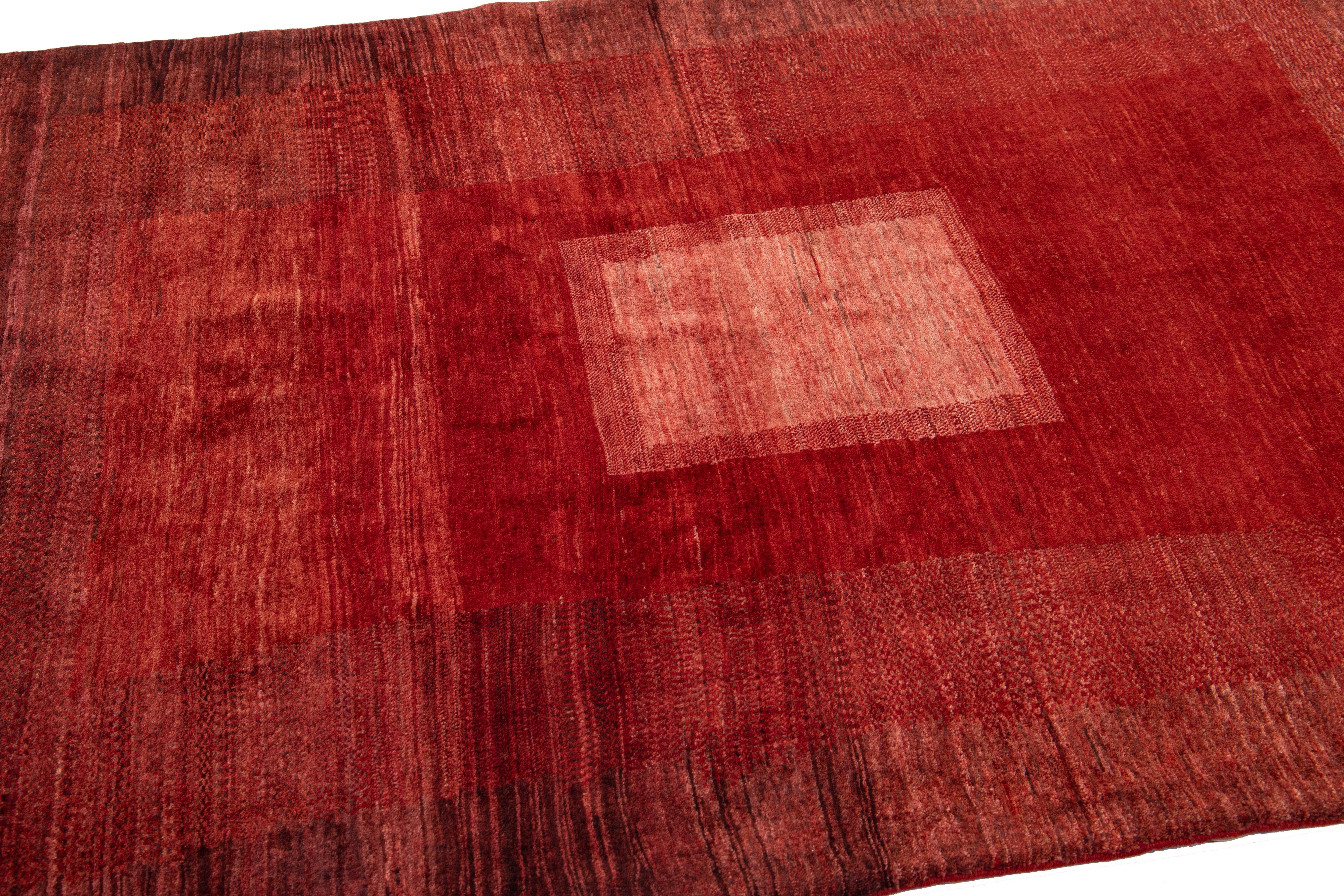 Red Modern Persian Gabbeh Handmade Geometric Wool Rug In New Condition For Sale In Norwalk, CT