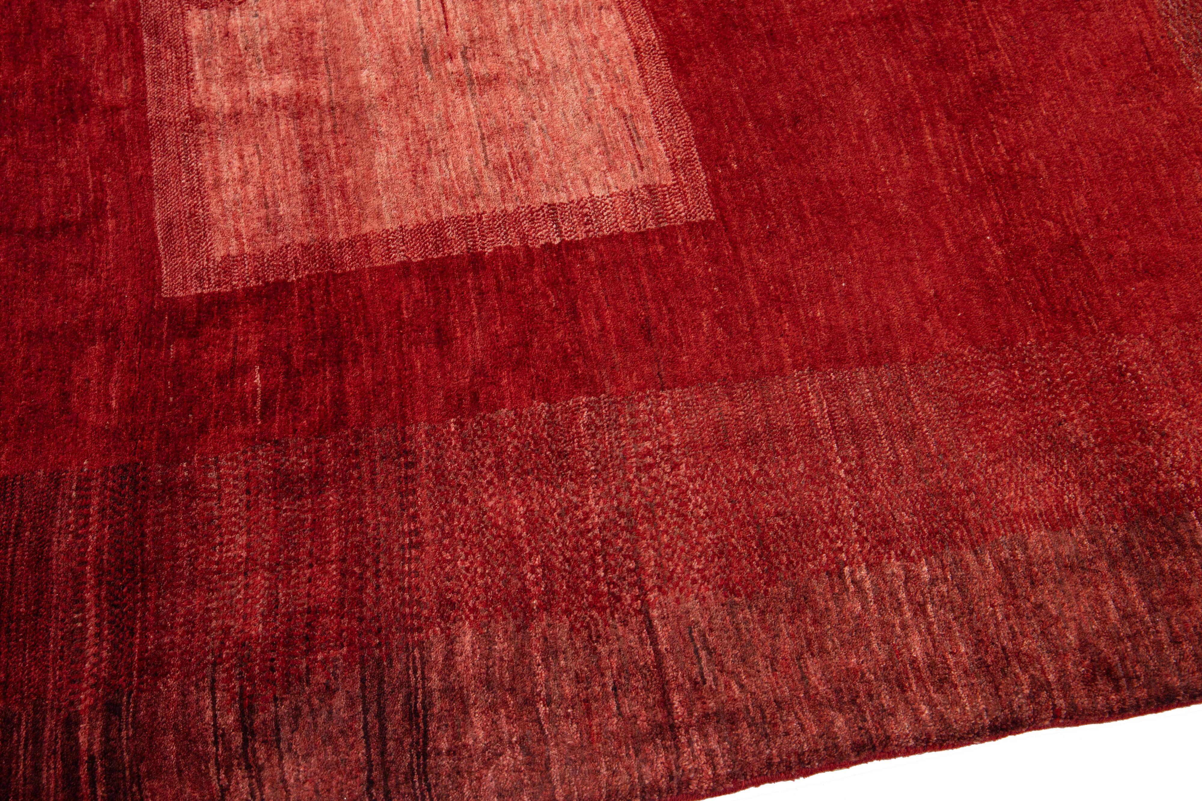 Contemporary Red Modern Persian Gabbeh Handmade Geometric Wool Rug For Sale