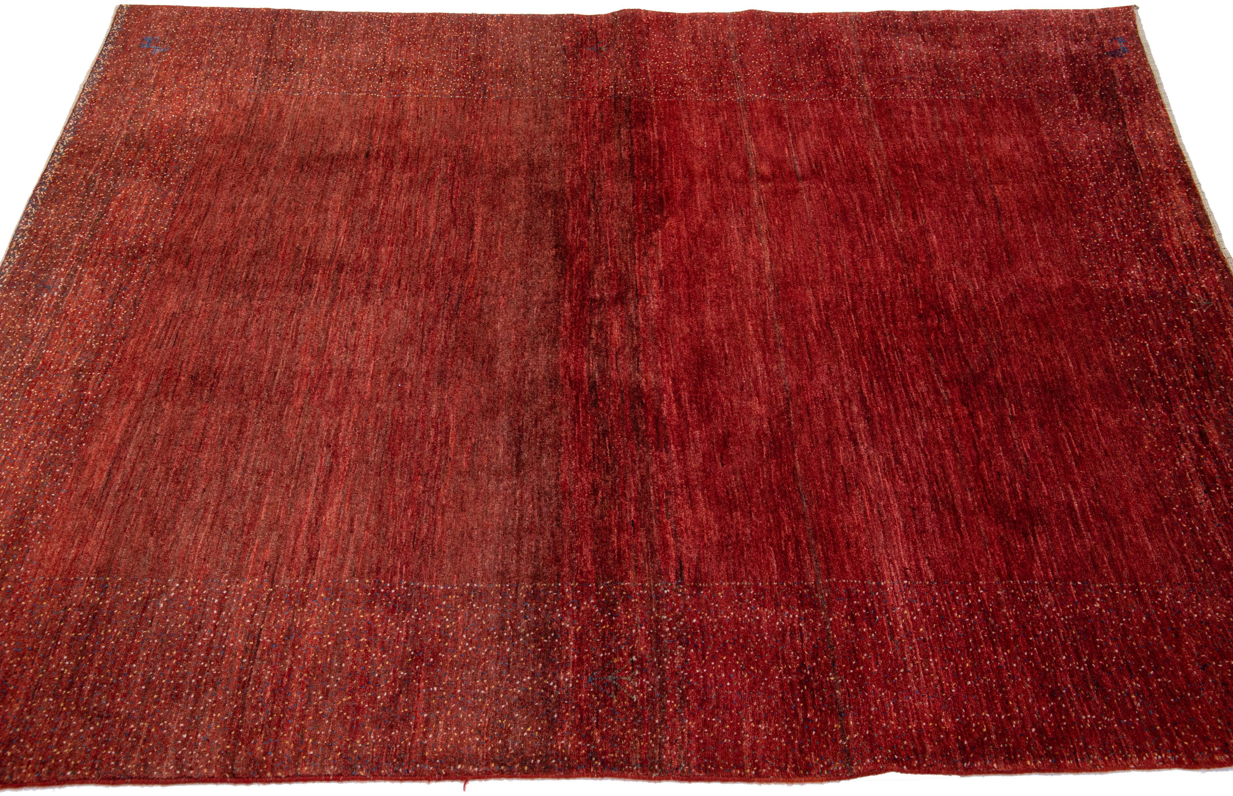 Red Modern Persian Gabbeh Handmade Minimalist Wool Rug In New Condition For Sale In Norwalk, CT