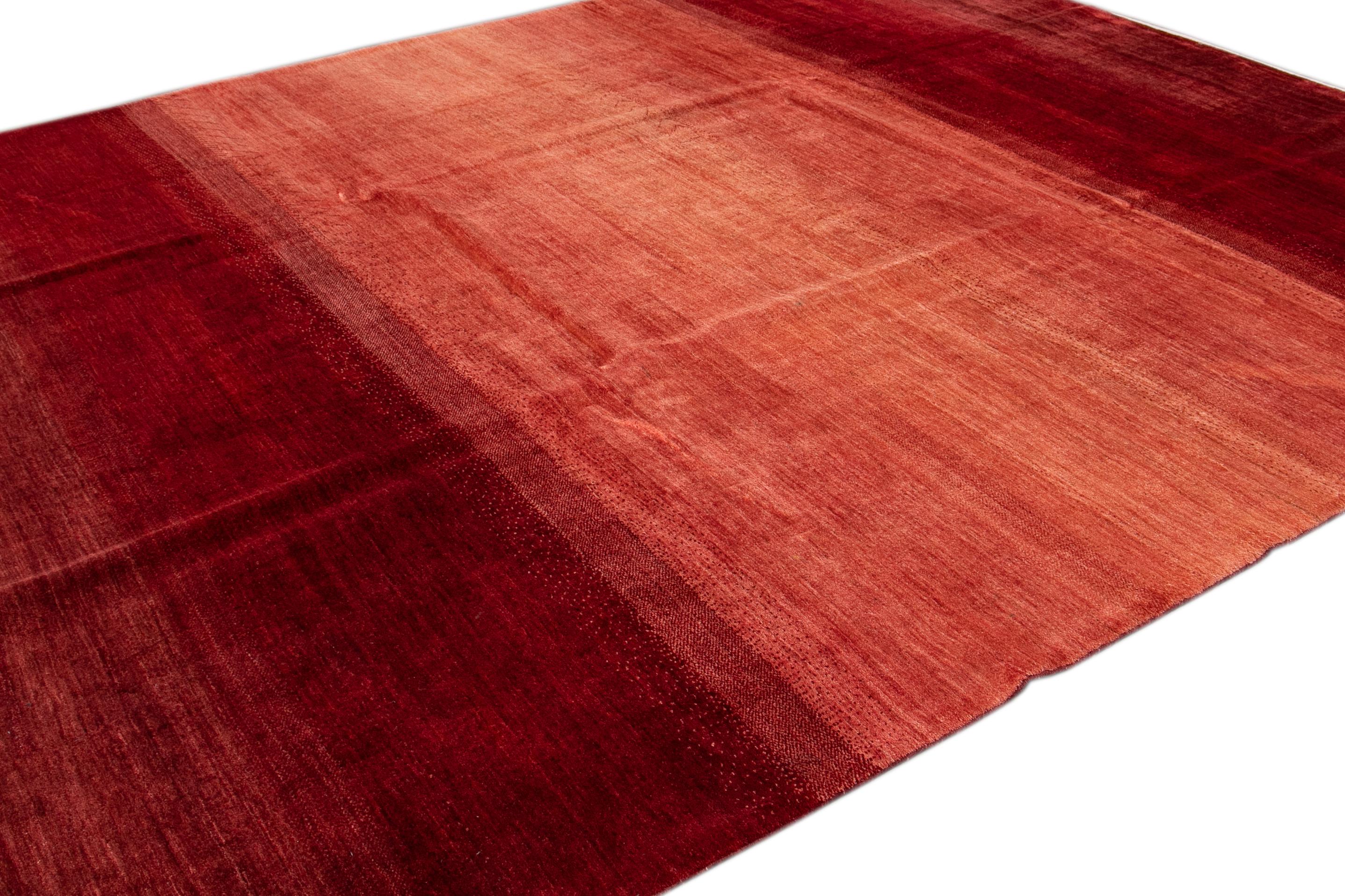 Hand-Knotted Red Modern Persian Gabbeh Handmade Wool Rug