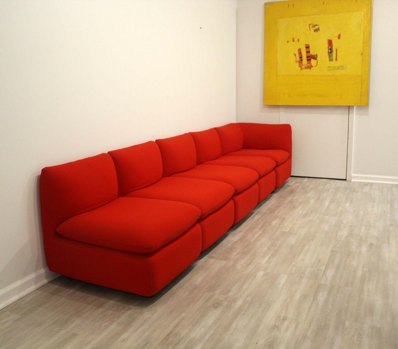 Le Shoppe Too in Michigan is offering this striking Steelcase modular sectional in a brilliant red. Named the Ganging Elysee this modern sofa is in very good condition, with little imperfections.

Dimensions: 130W x 28.5D x 27.5H Seat Height: 16