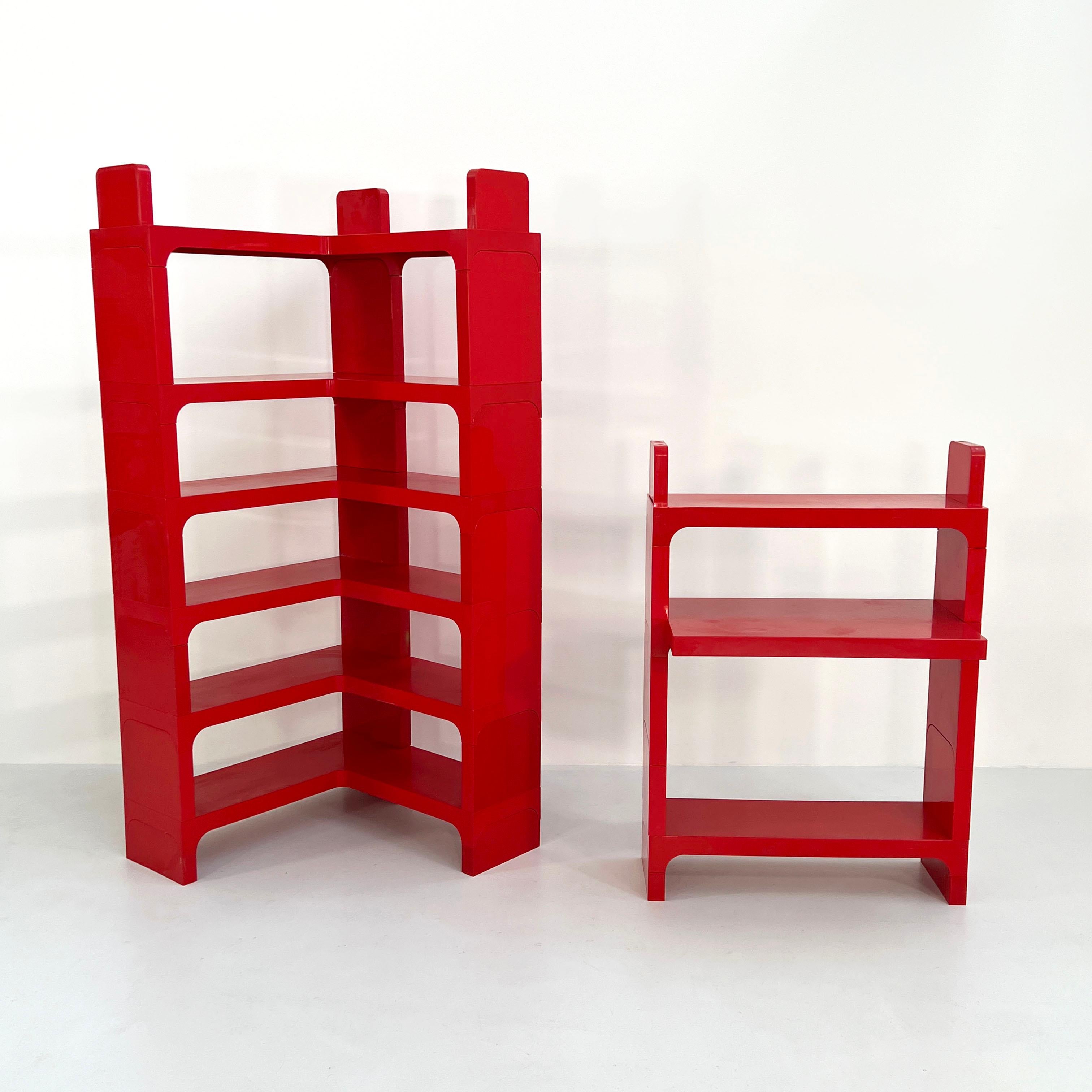 Red Modular Shelf with Desk by Olaf Von Bohr for Kartell, 1970s.
Designer - Olaf Von Bohr.
Producer - Kartell.
Model - Modular shelf system.
Design Period - Seventies.
Measurements - Width 83 cm x depth 83 cm x height 200 cm. 
Materials -