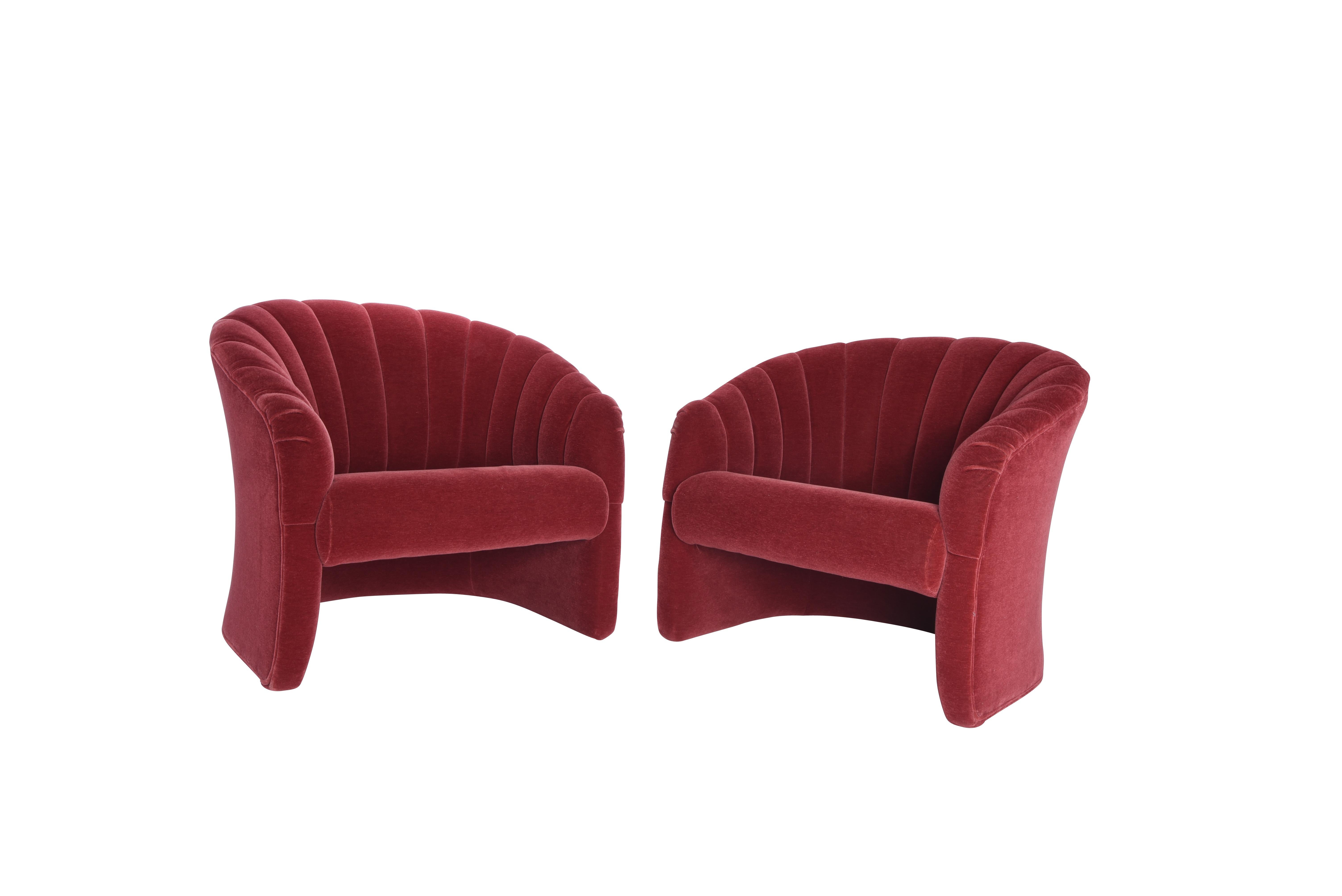 Barrel back lounge chairs, circa 1970. Original red mohair is in excellent condition.