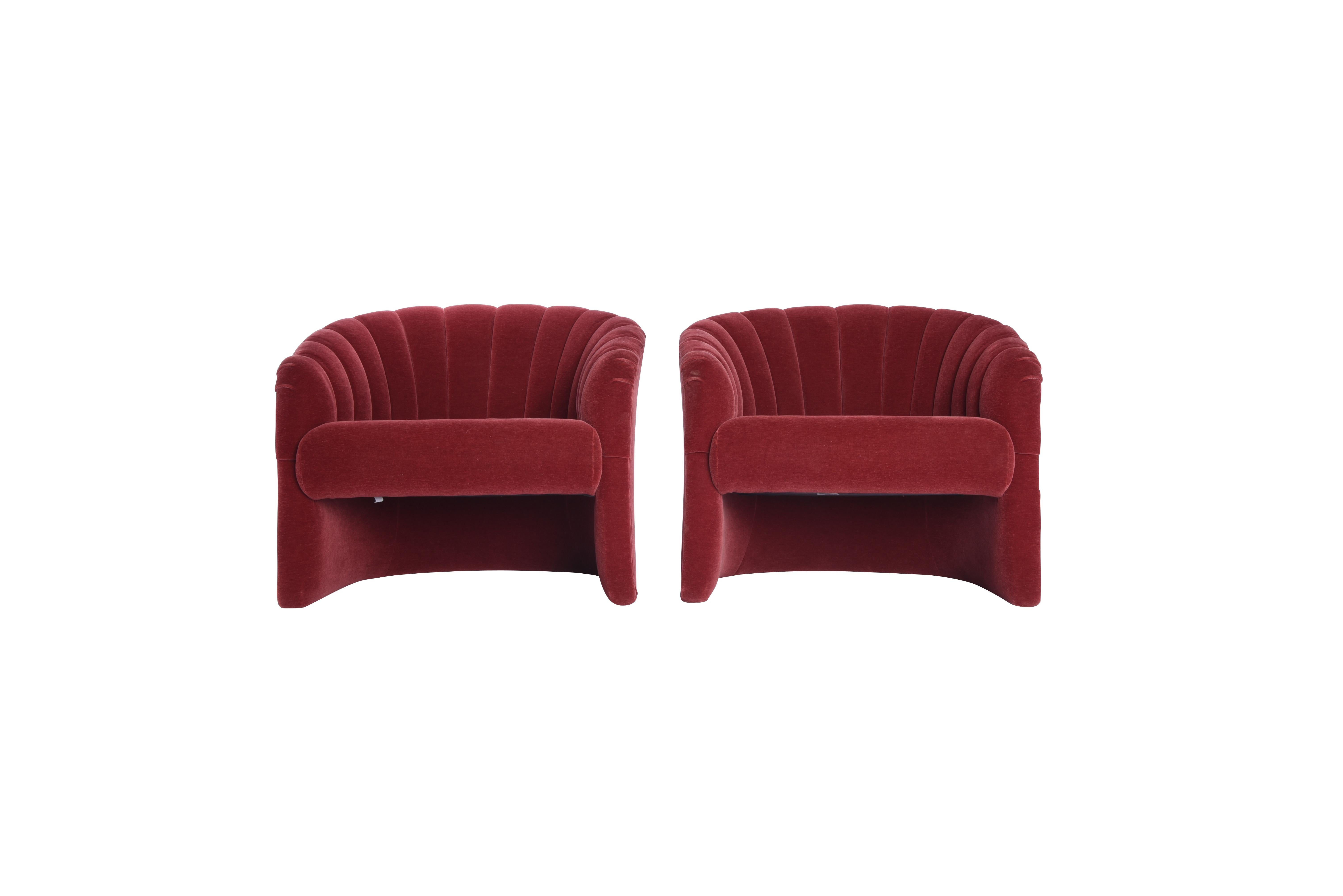 Mid-Century Modern Red Mohair Barrel Back Lounge Chairs, 1970