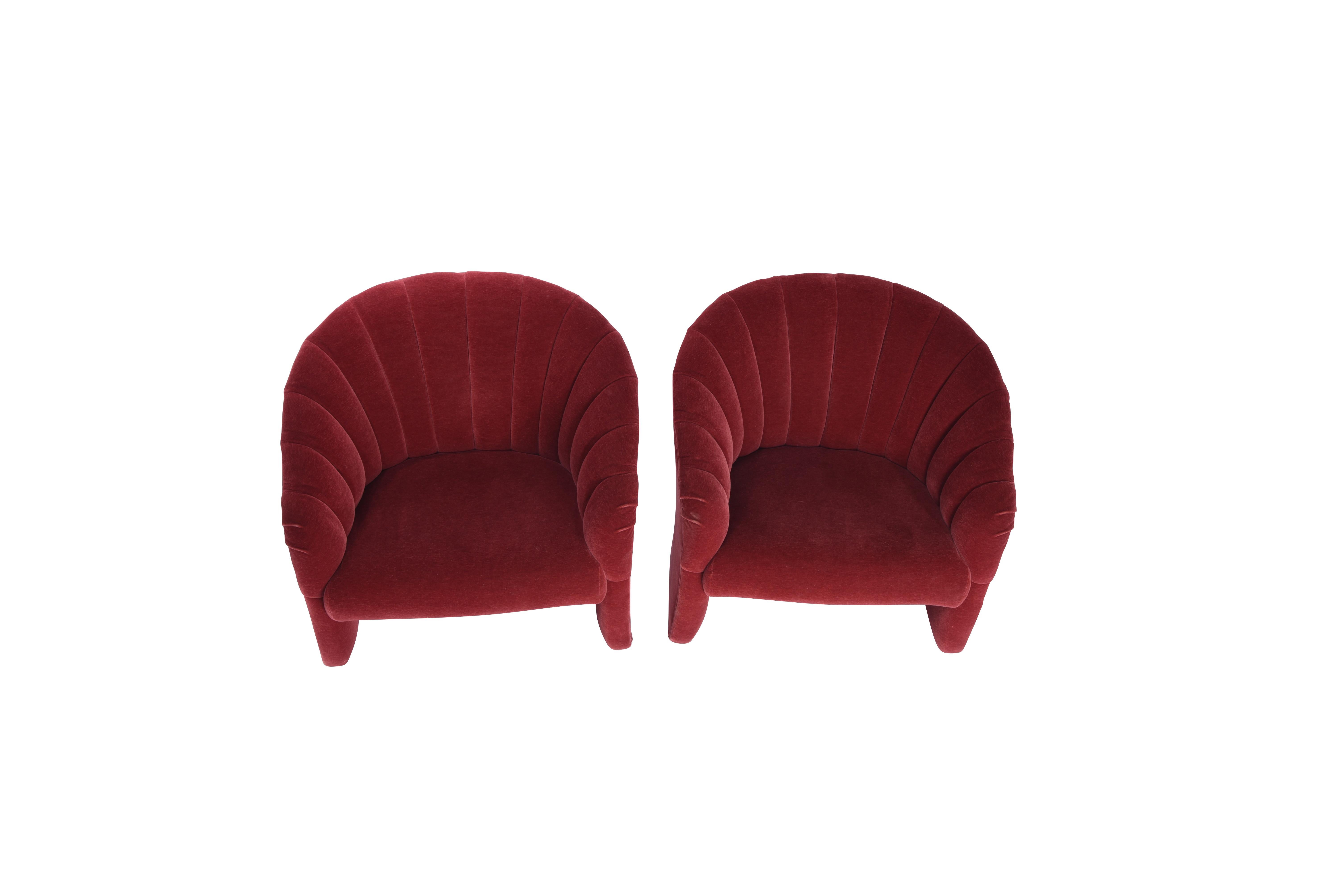 American Red Mohair Barrel Back Lounge Chairs, 1970
