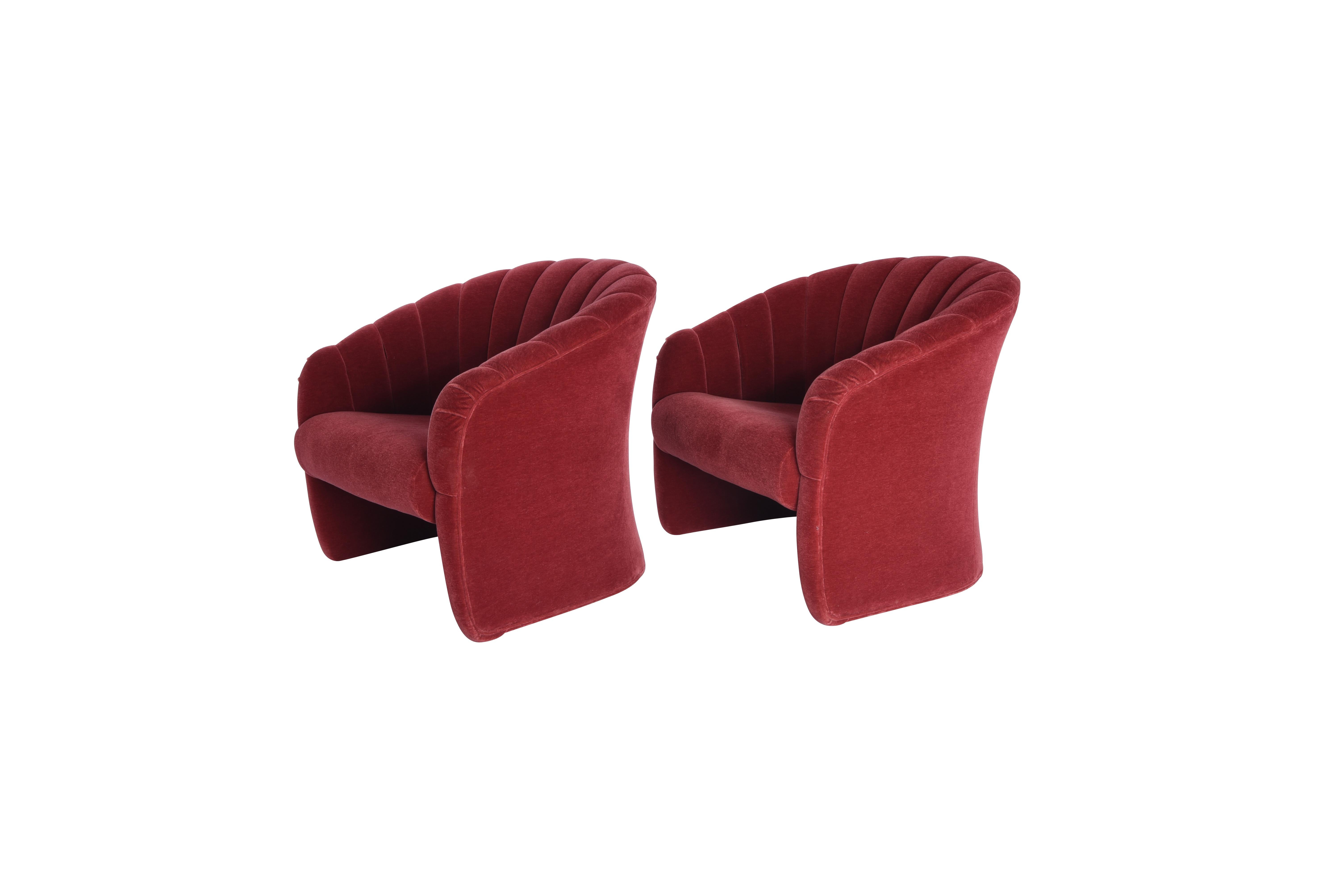 Red Mohair Barrel Back Lounge Chairs, 1970 1