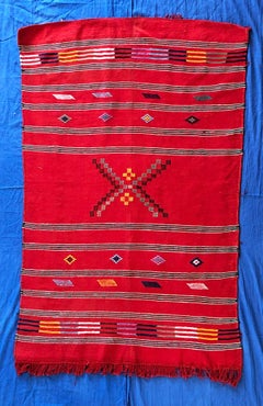 Bold Red Vintage Moroccan Organic Cactus Silk Rug Tribal Flatweave Kilim