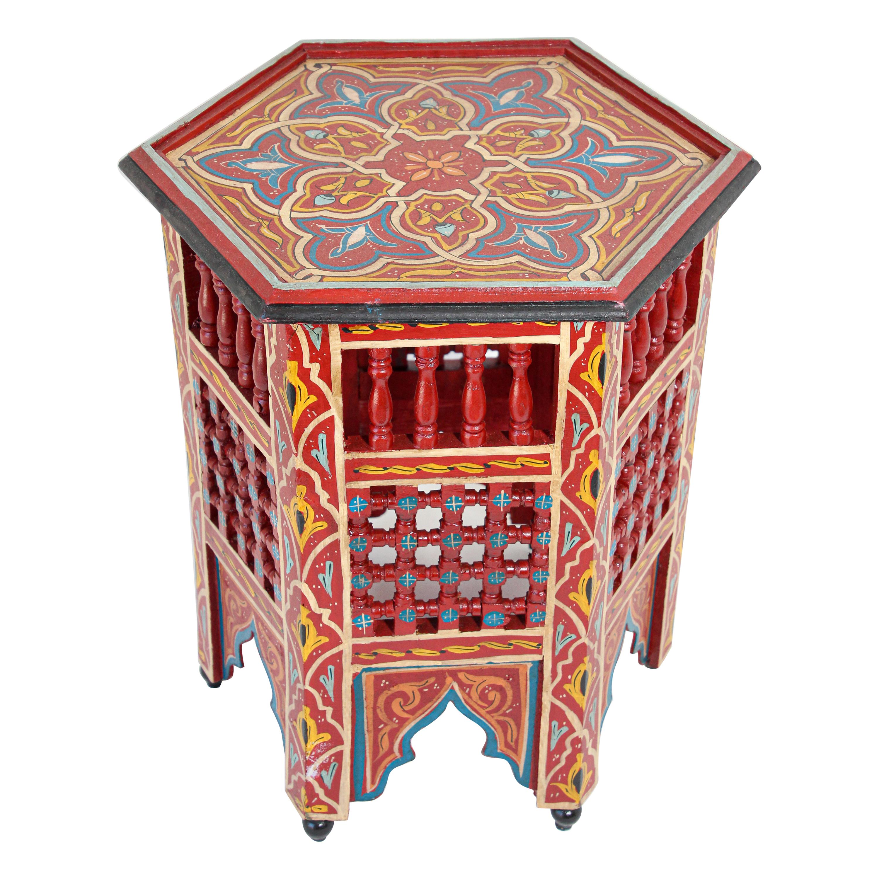 ZT309 Moroccan Table Wood Wrought Iron Burgundy Red Hexagonal Morocco 50cm 