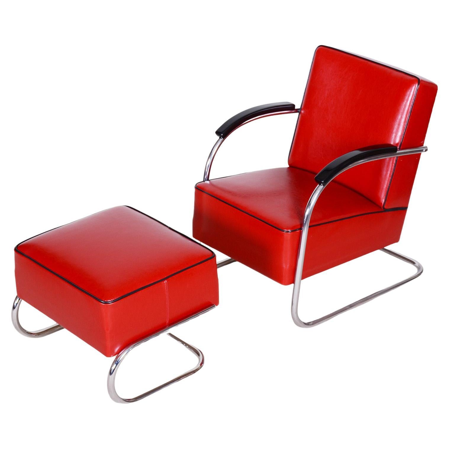 Red Mucke Melder Armchair and Ottoman, 1930s Czechia For Sale