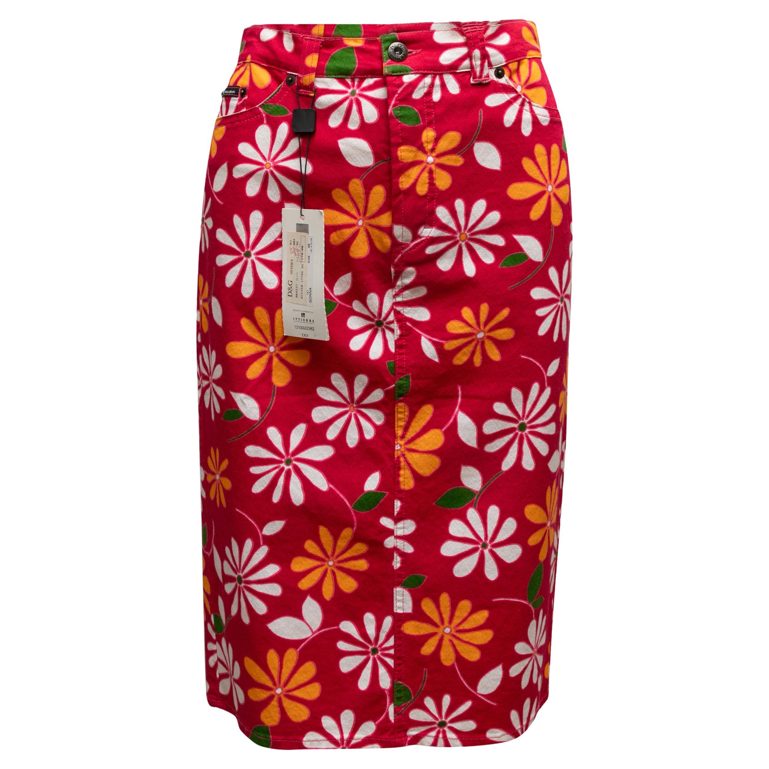 Red & Multicolor D&G Floral Print Knee-Length Skirt Size IT 46