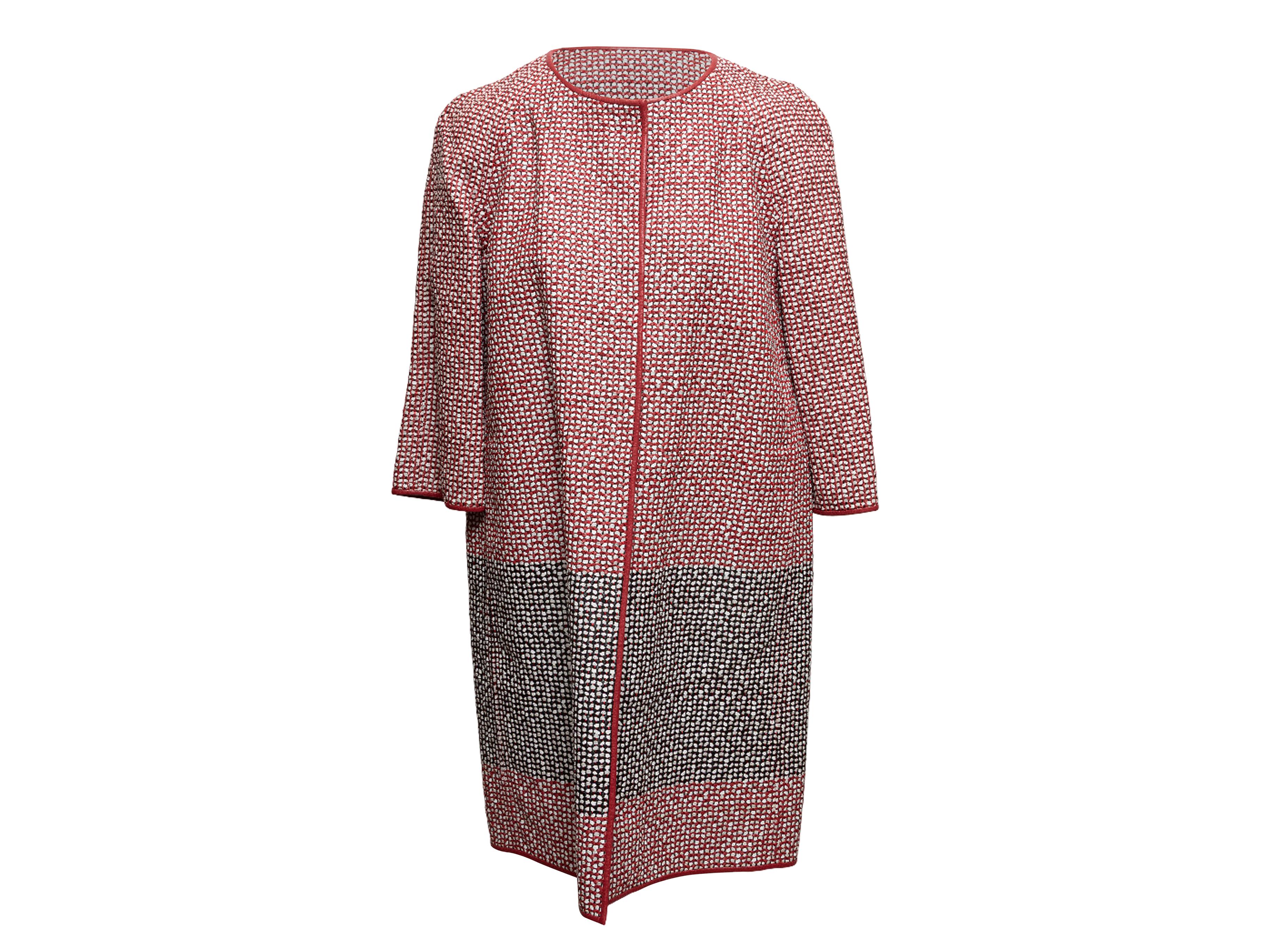Red, black, and white woven leather coat by Giorgio Armani. Crew neck. Hip pockets. 30