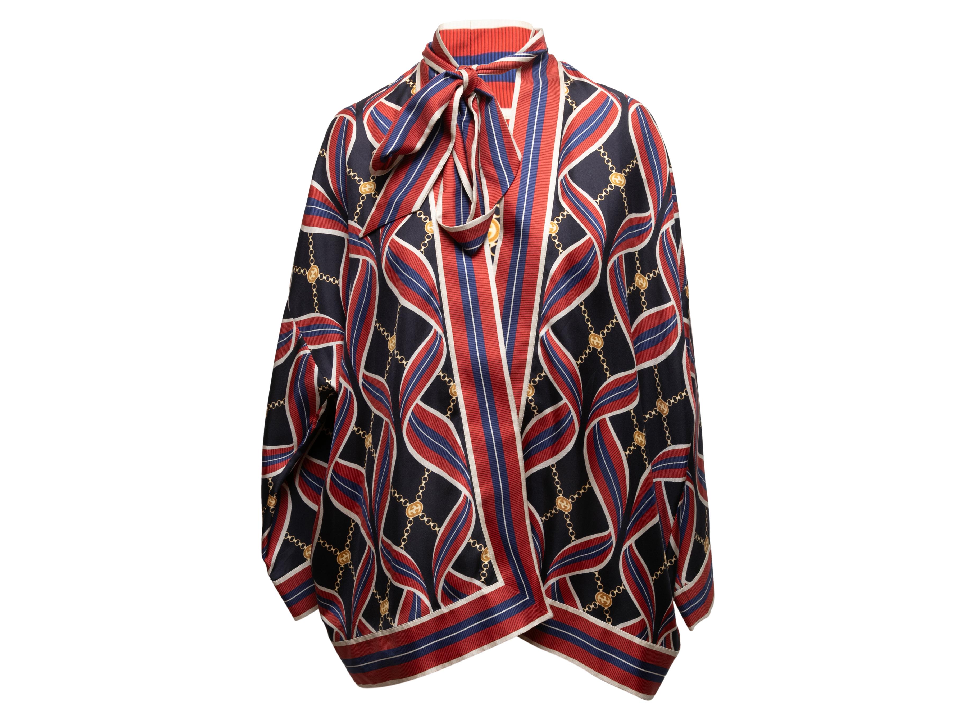 Red & Multicolor Gucci Silk Chain Print Blouse 3